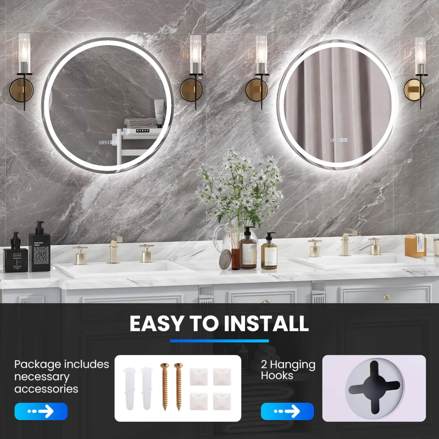 Miroir de salle de bain à DEL de 24 x x24 po avec affichage de la durée et de la température de l'éclairage à 3 couleurs à intensité réglable de