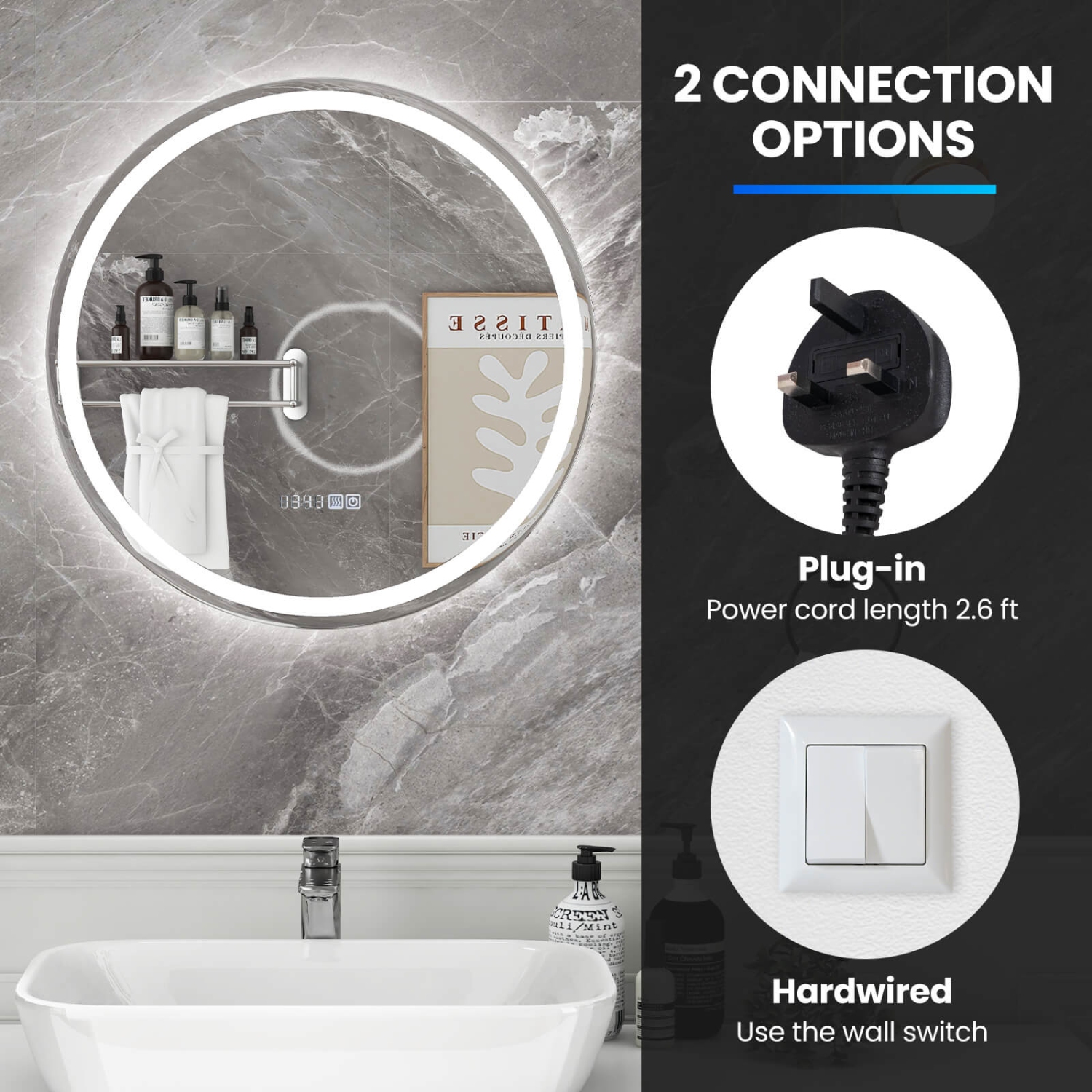 Miroir de salle de bain à DEL de 24 x x24 po avec affichage de la durée et de la température de l'éclairage à 3 couleurs à intensité réglable de