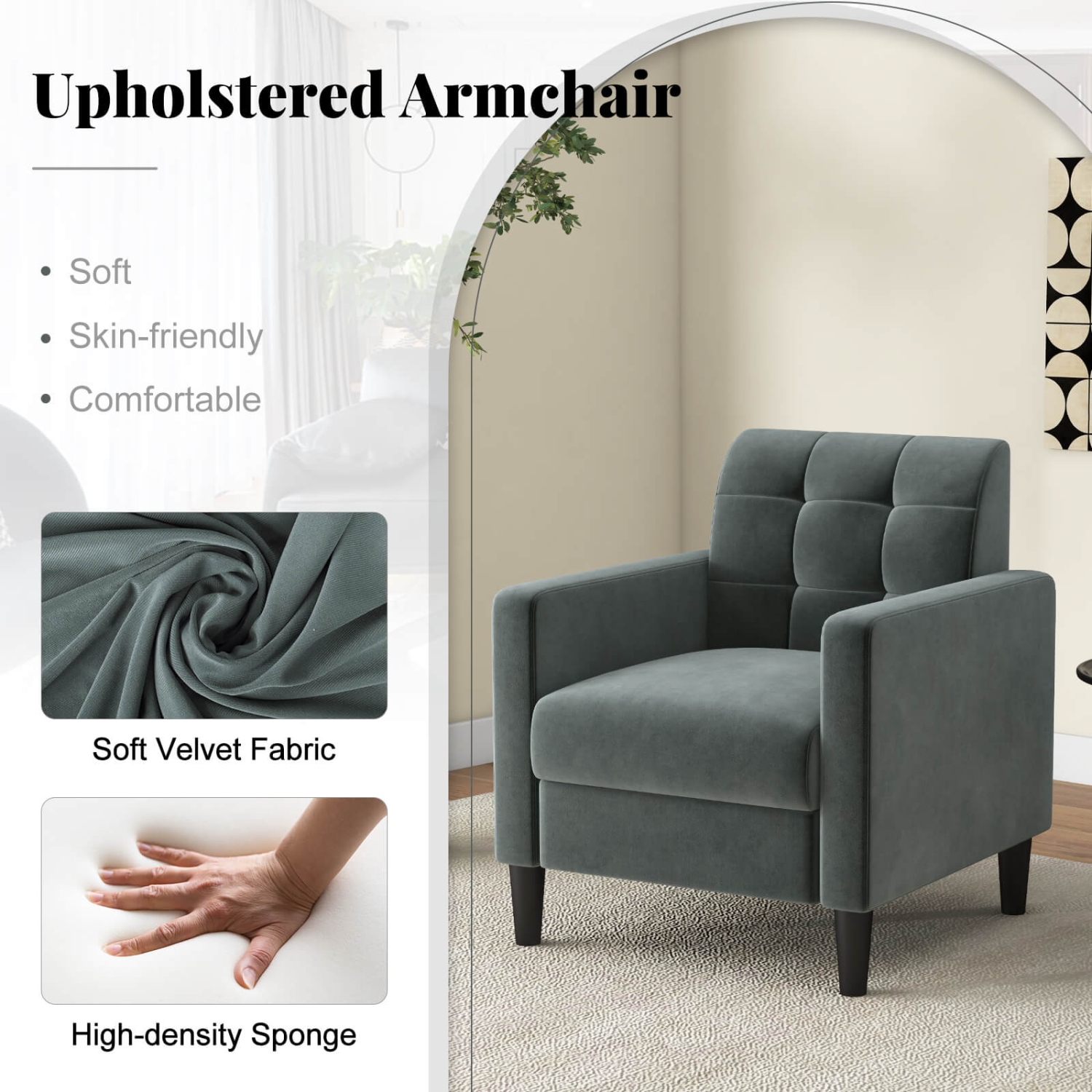 Costway 1 PCS Mid Century Modern Velvet Accent Chair with Tufted Back Arms for Livingroom