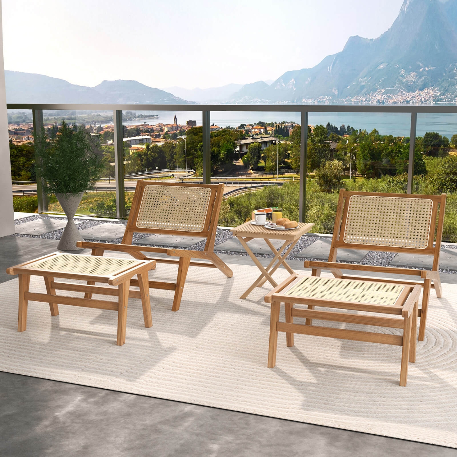 Tabouret-escabeau en teck naturel 2 pièces de Costway avec intérieur en rotin tressé à la main