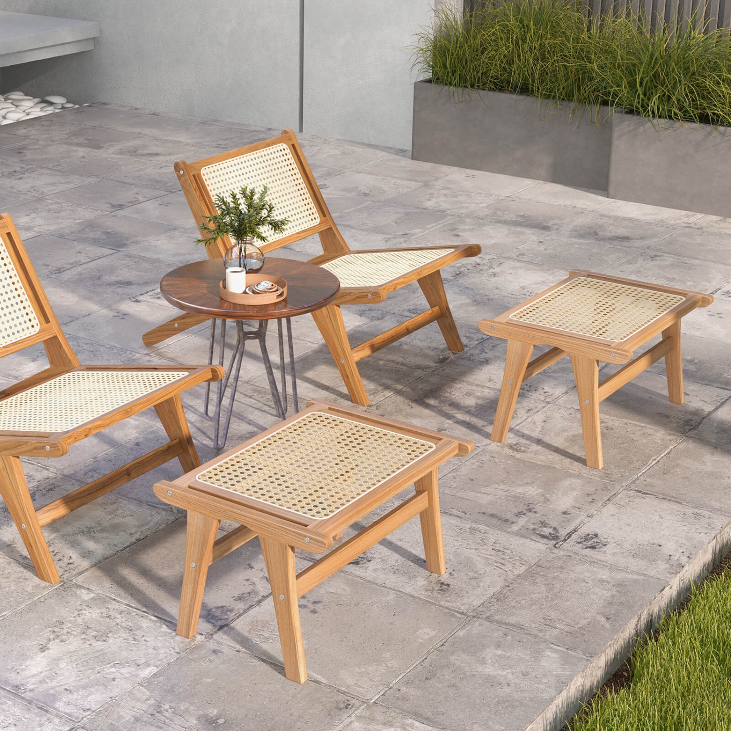 Tabouret-escabeau en teck naturel 2 pièces de Costway avec intérieur en rotin tressé à la main