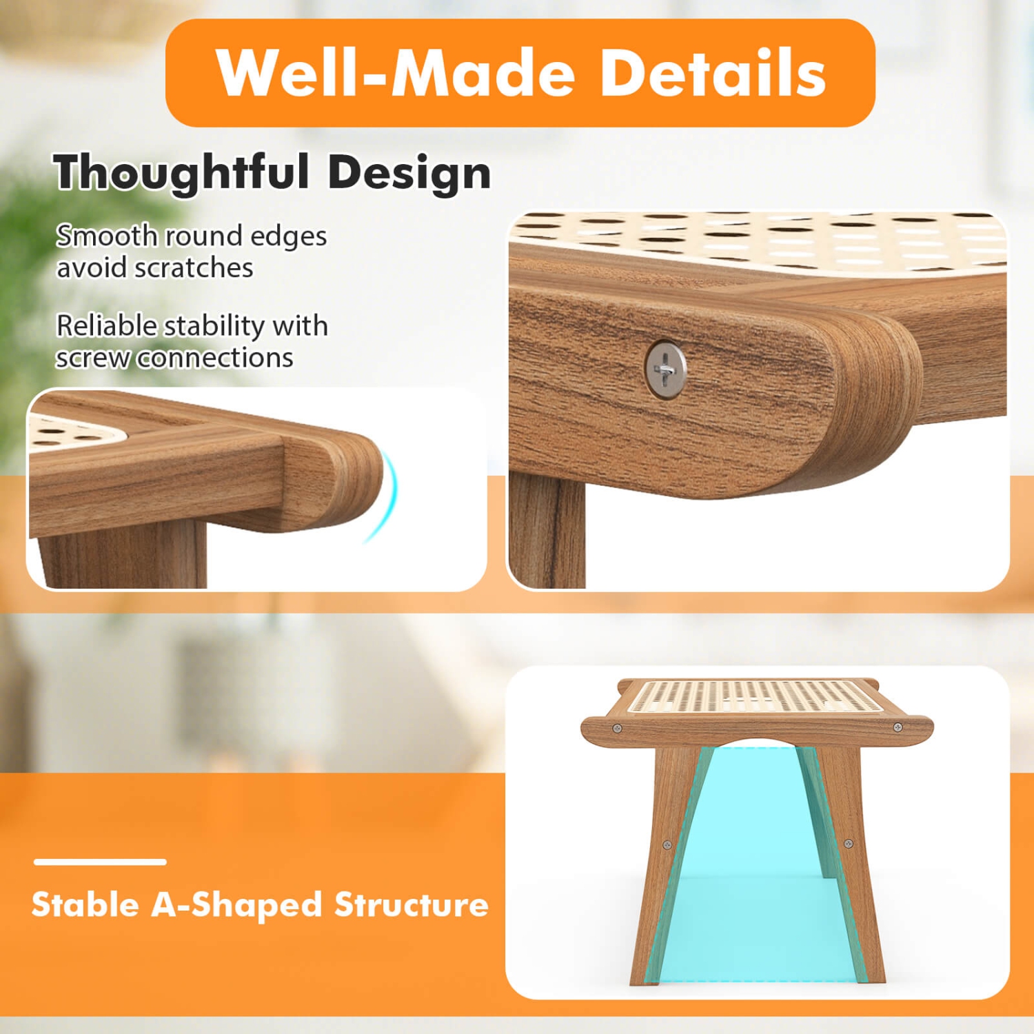 Tabouret-escabeau en teck naturel 2 pièces de Costway avec intérieur en rotin tressé à la main