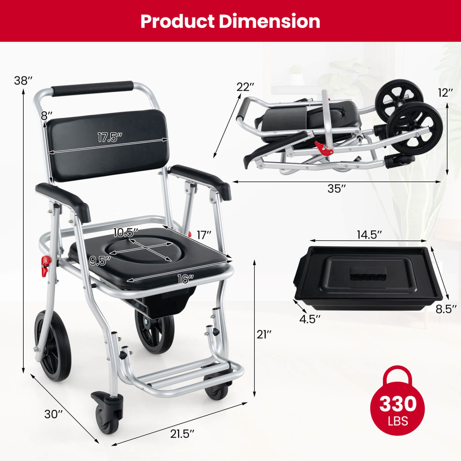Costway 4-in-1 Bedside Commode Chair with Brakes, Bucket Footrest Padded Seat & Backrest