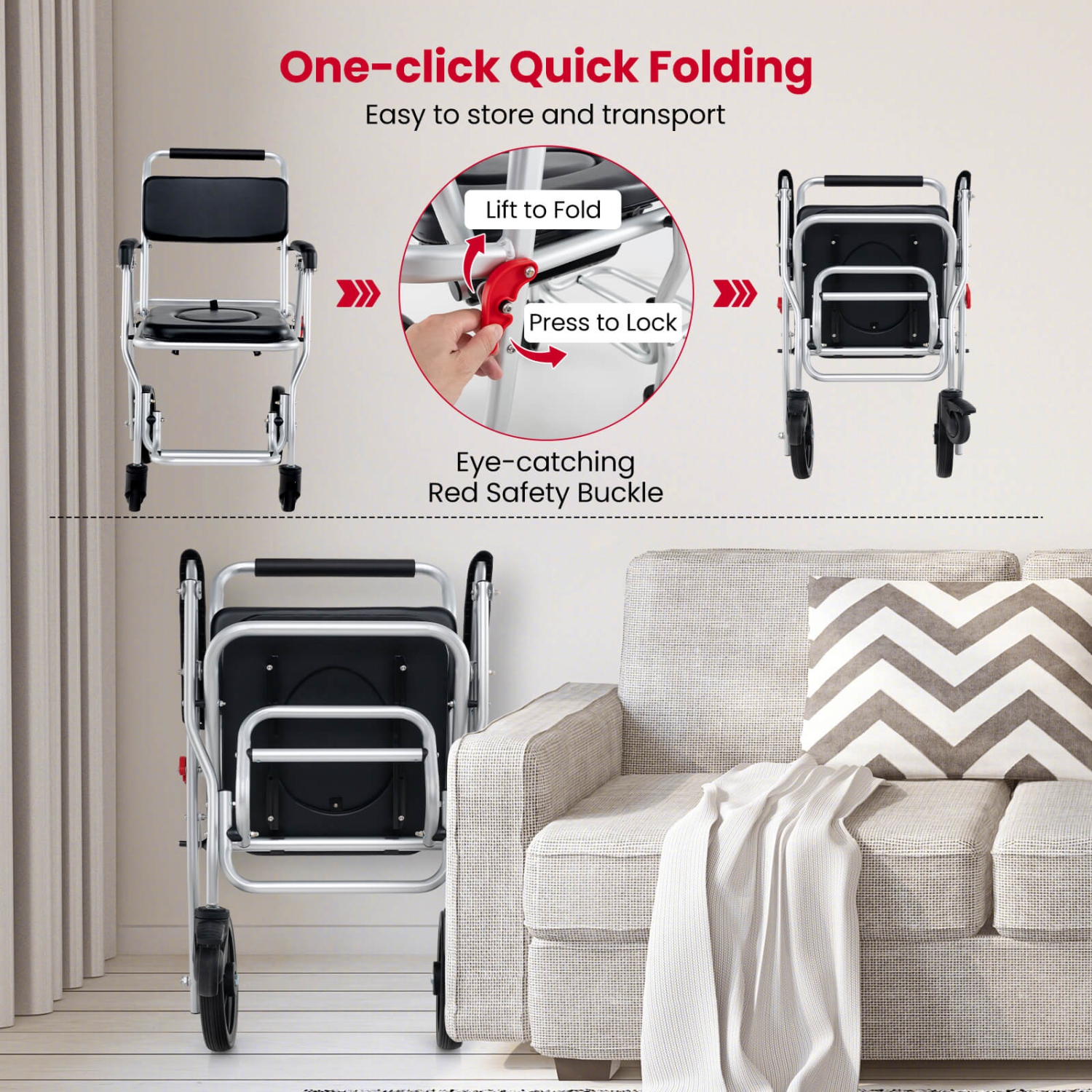 Costway 4-in-1 Bedside Commode Chair with Brakes, Bucket Footrest Padded Seat & Backrest