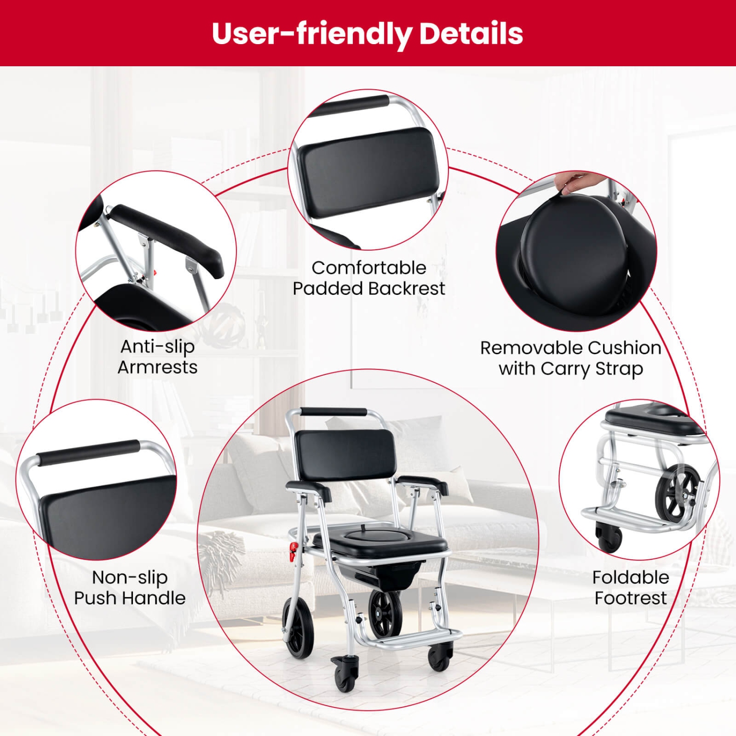 Costway 4-in-1 Bedside Commode Chair with Brakes, Bucket Footrest Padded Seat & Backrest