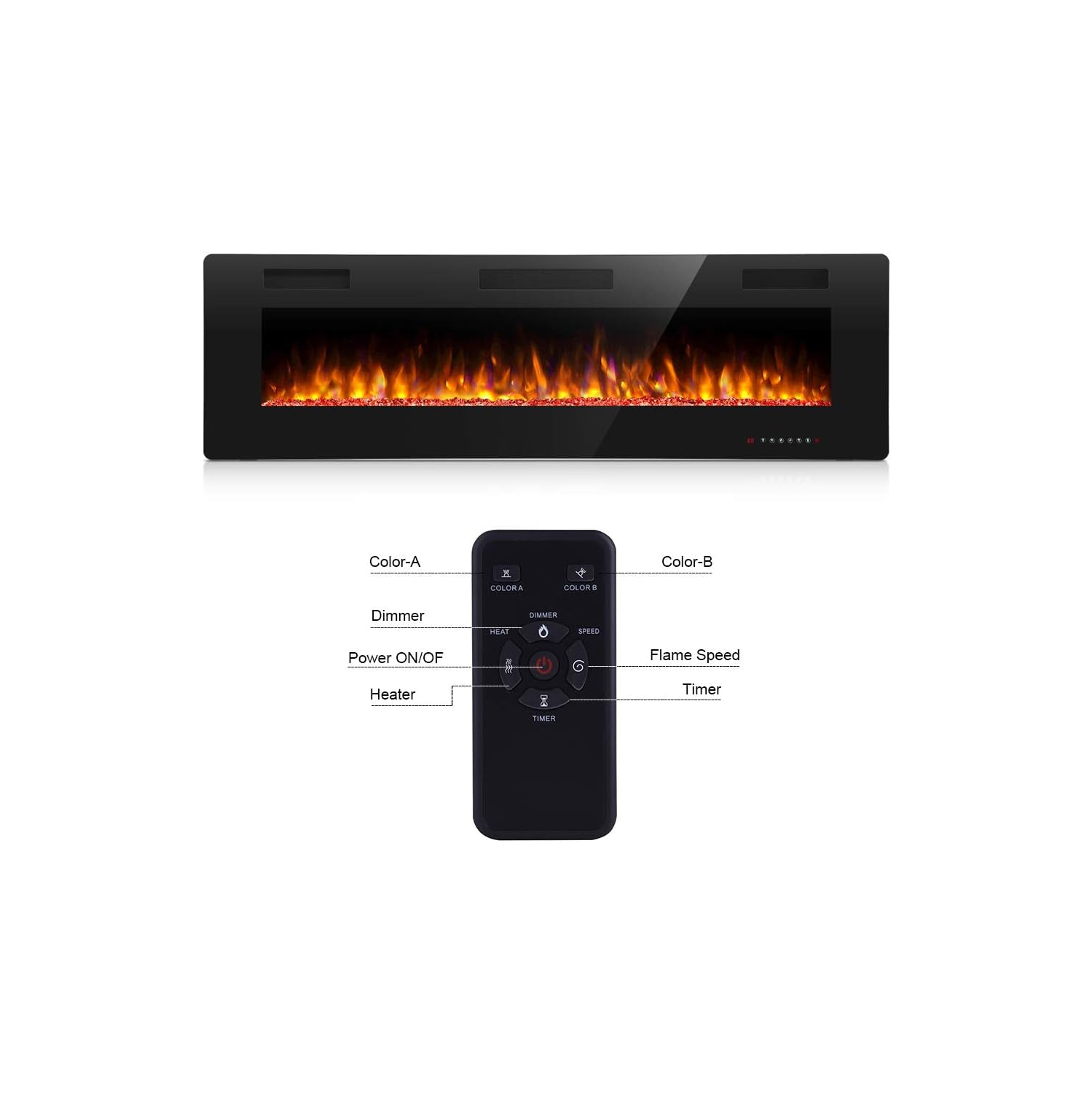 ZAFRO Electric Fireplace 42'' with remote control, Recessed Wall Mounted Electric Fireplace with Adjustable 12-Color Flame Brightness & Speed