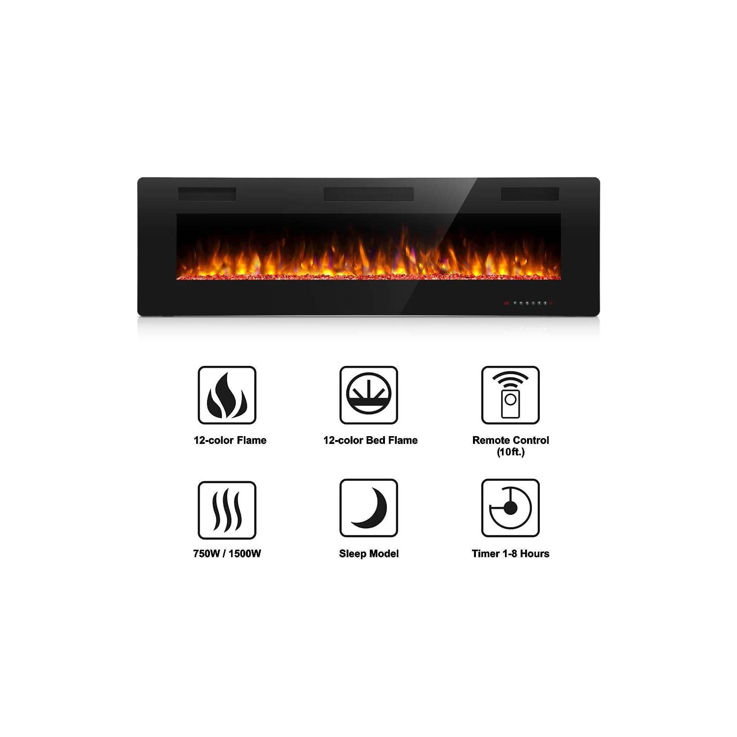 ZAFRO Electric Fireplace 42'' with remote control, Recessed Wall Mounted Electric Fireplace with Adjustable 12-Color Flame Brightness & Speed