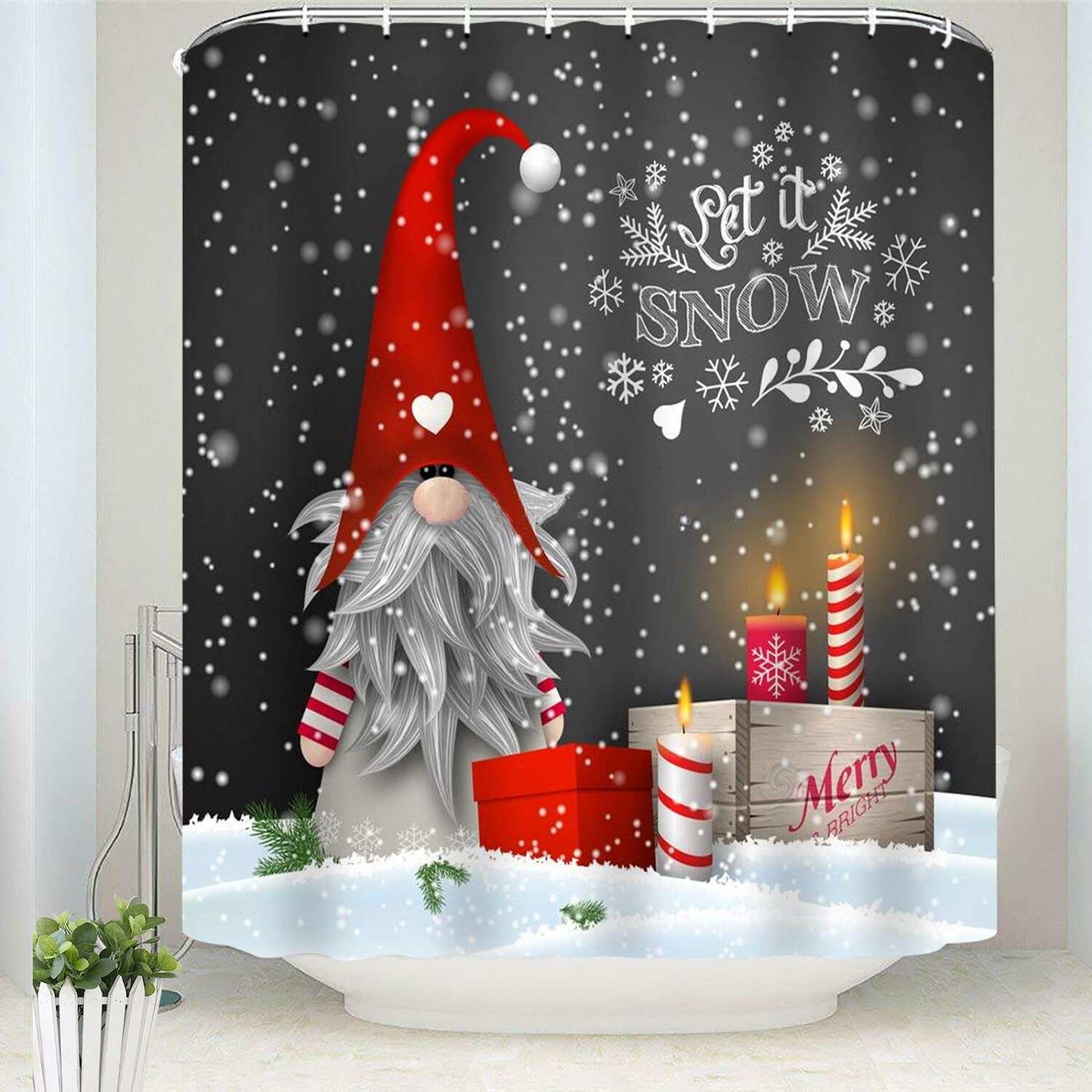 Winter Wonderland Gnome Shower Curtain Set - Cute Sprite Design, Let it Snow Fabric, Holiday Bathroom Decor with Hooks, 60x72 inches