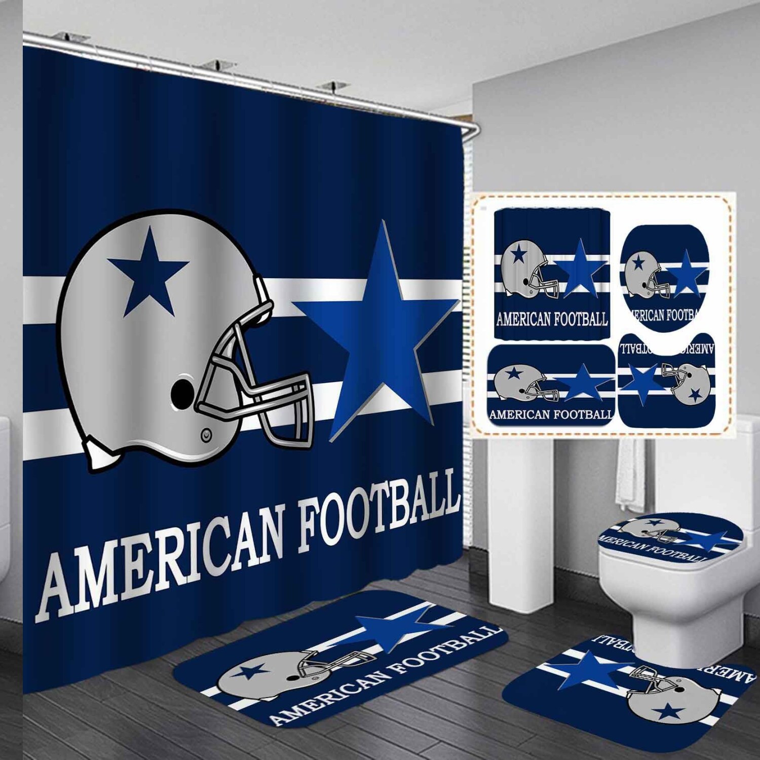 Touchdown Triumph: Football-Themed Shower Curtain Set with Non-Slip Bath Mat - Perfect Man Cave Decor for Men and Teenage Boys