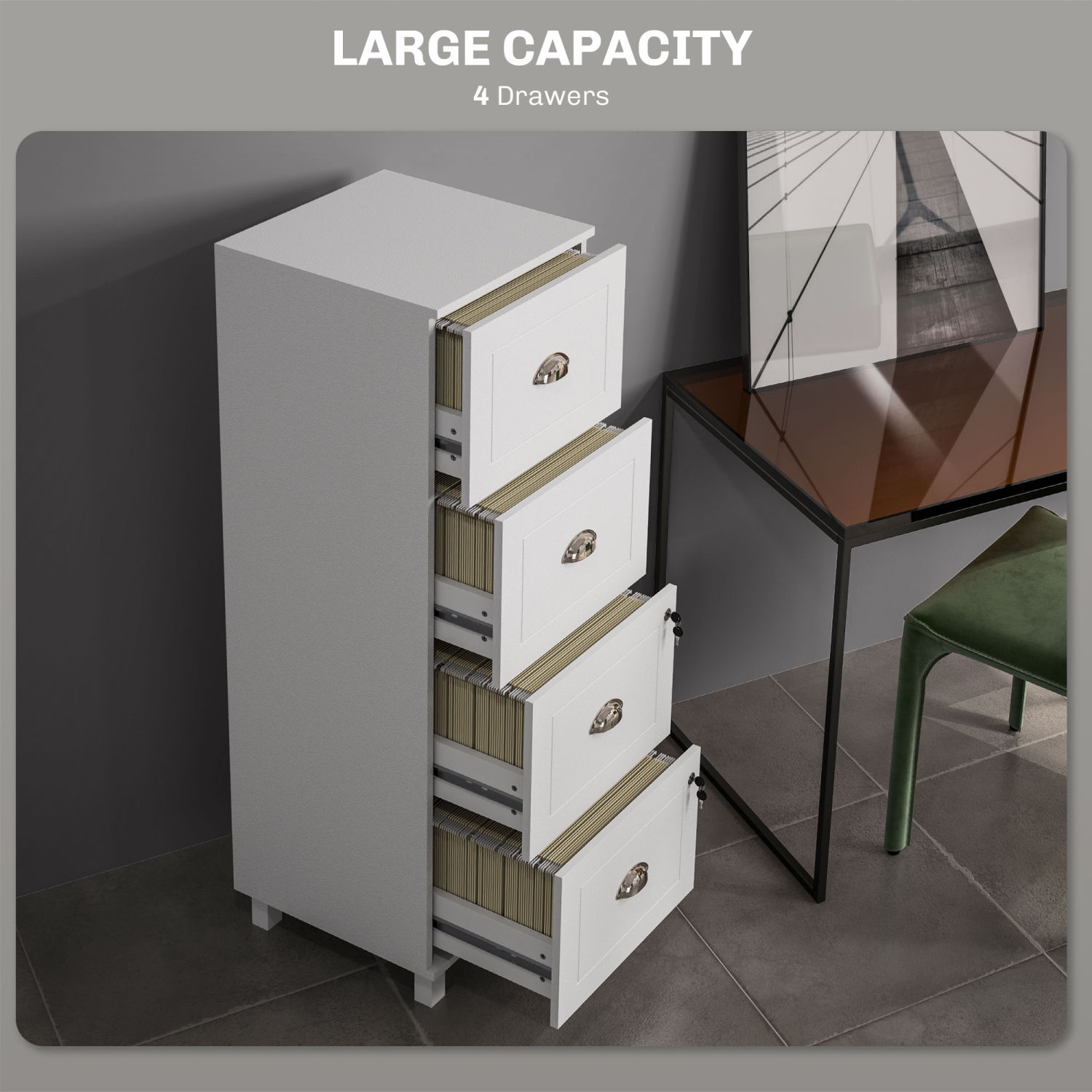 HOMCOM Vertical Filing Cabinet with 4 Drawers, Lockable File Cabinet with Adjustable Hanging Bars for A4 and Letter for Home Office, White