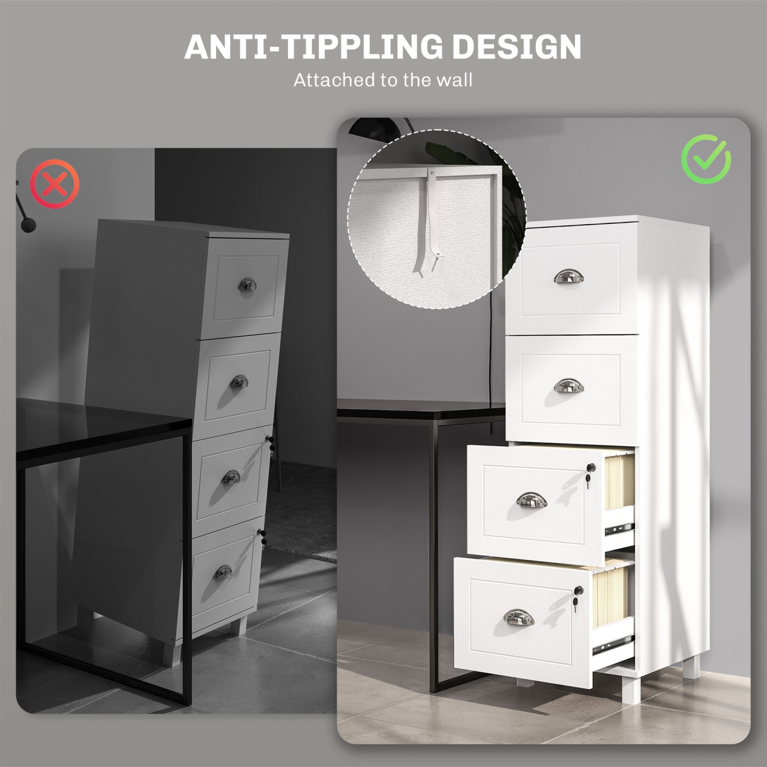 HOMCOM Vertical Filing Cabinet with 4 Drawers, Lockable File Cabinet with Adjustable Hanging Bars for A4 and Letter for Home Office, White