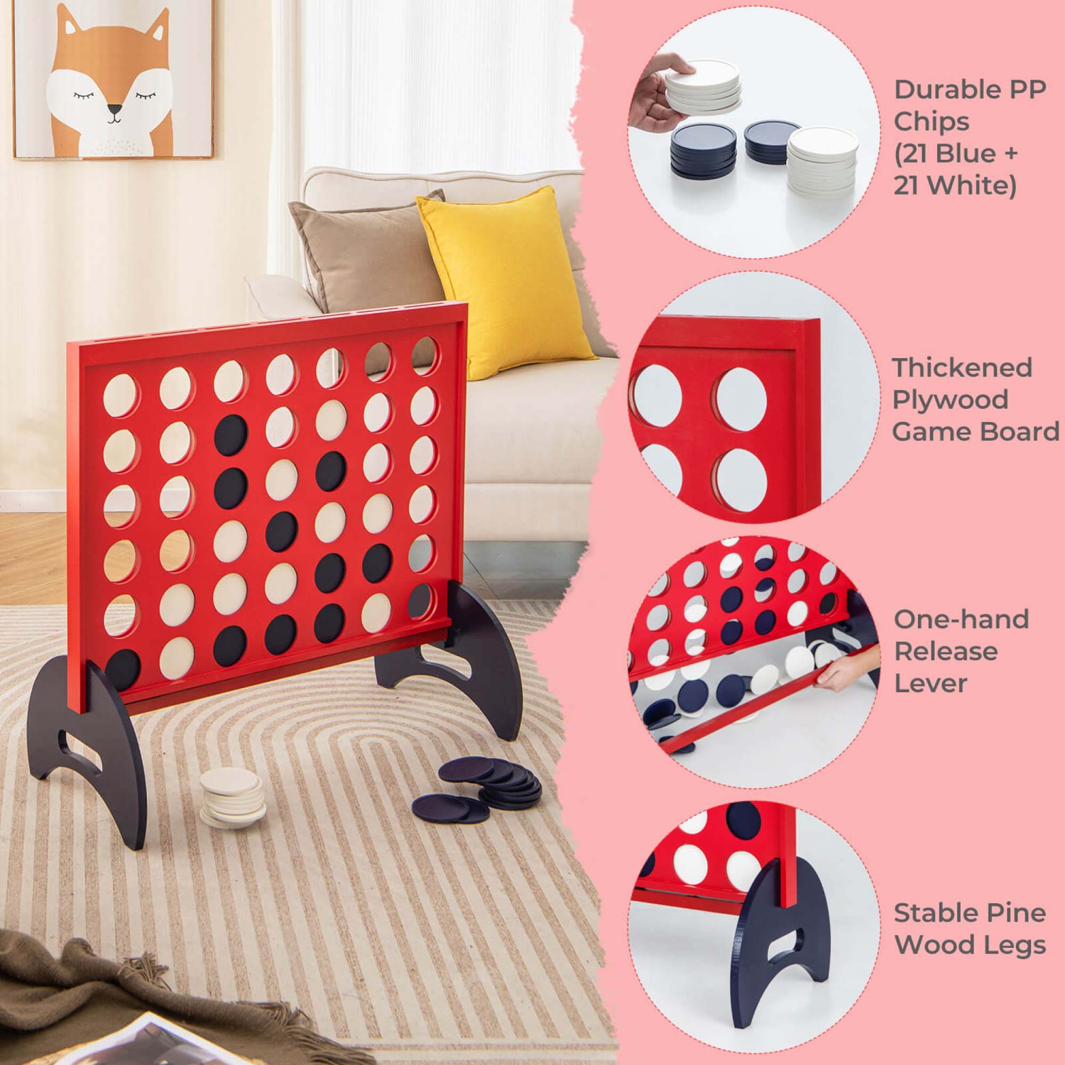 Costway 4-in-a-row Game Set with 42 PCS Chips & 600D Oxford Fabric Carrying Bag Wooden