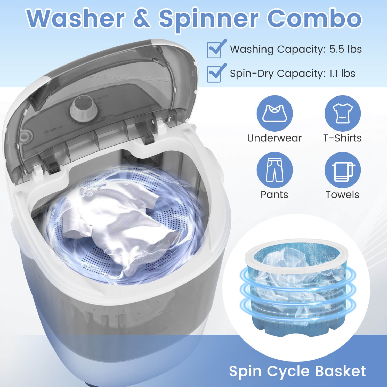 Costway Portable Mini Counter Top Washing Machine 5.5lbs Spin Basket Laundry