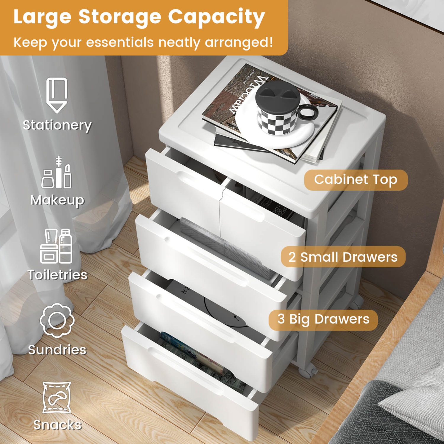 Costway 1 PCS 5-Drawer Plastic Rolling Storage Cart with 4 Universal Wheels Dresser Cabinet