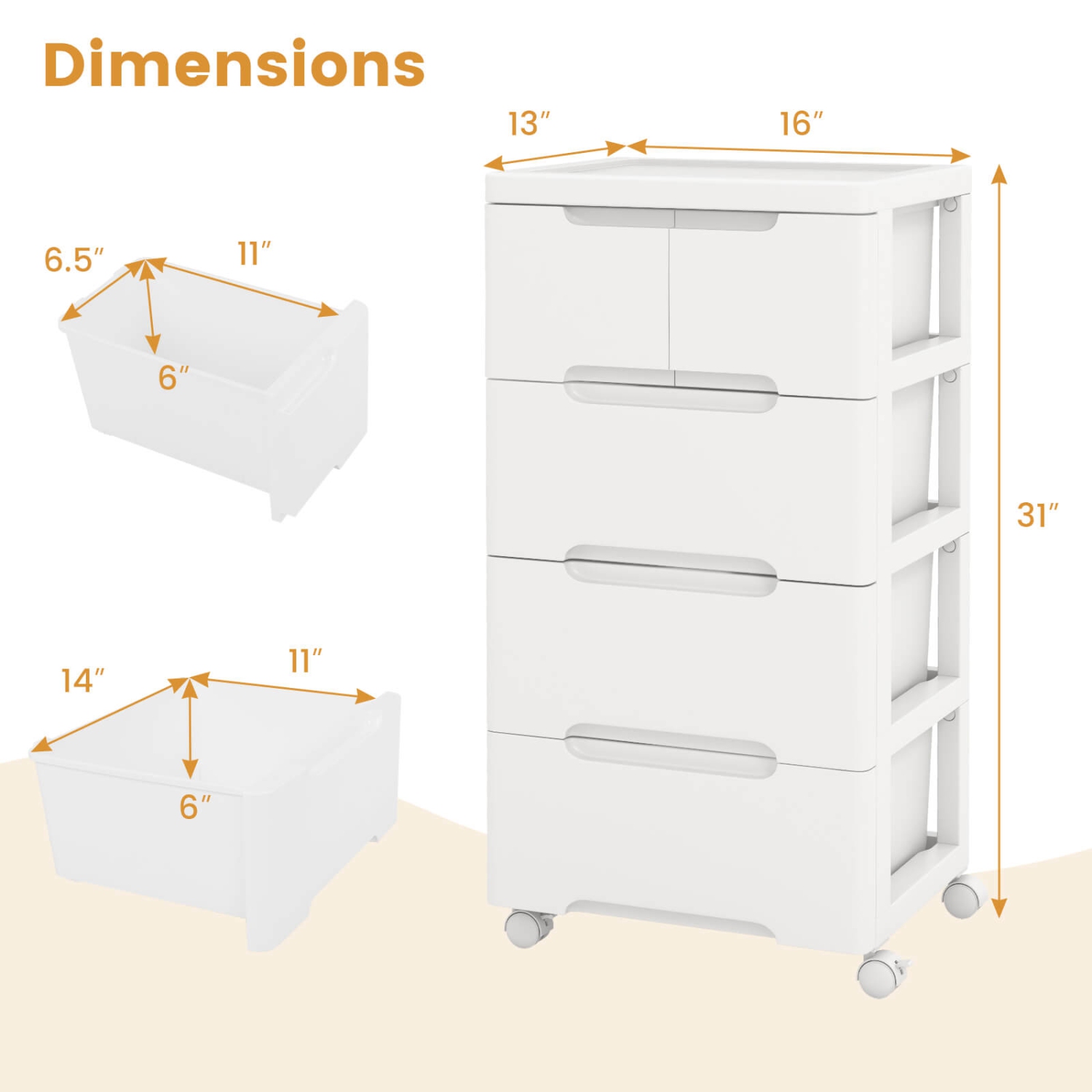 Costway 2 PCS 5-Drawer Plastic Rolling Storage Cart with 4 Universal Wheels Dresser Cabinet
