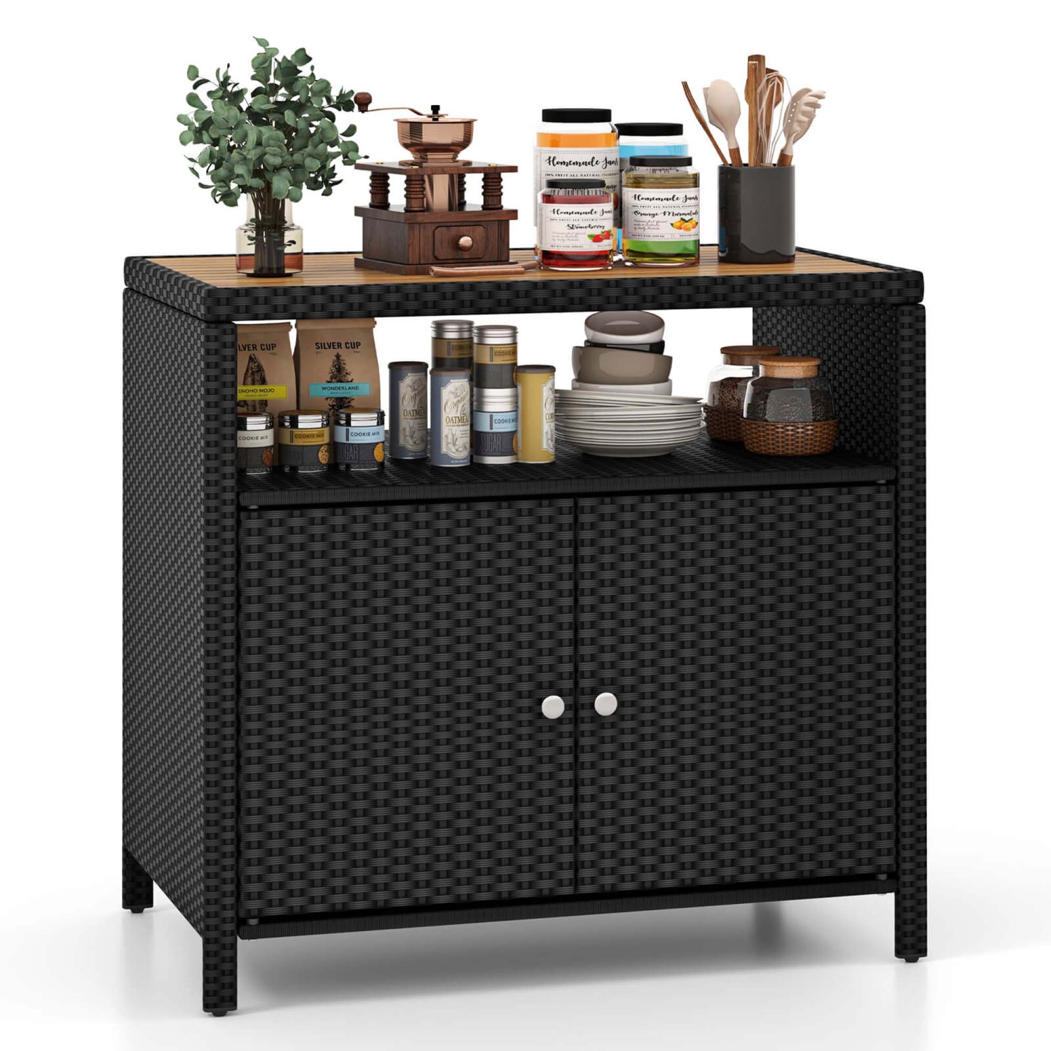 Costway Patio Rattan Storage Cabinet with Acacia Wood Countertop Open Shelf 2 Door Cabinet