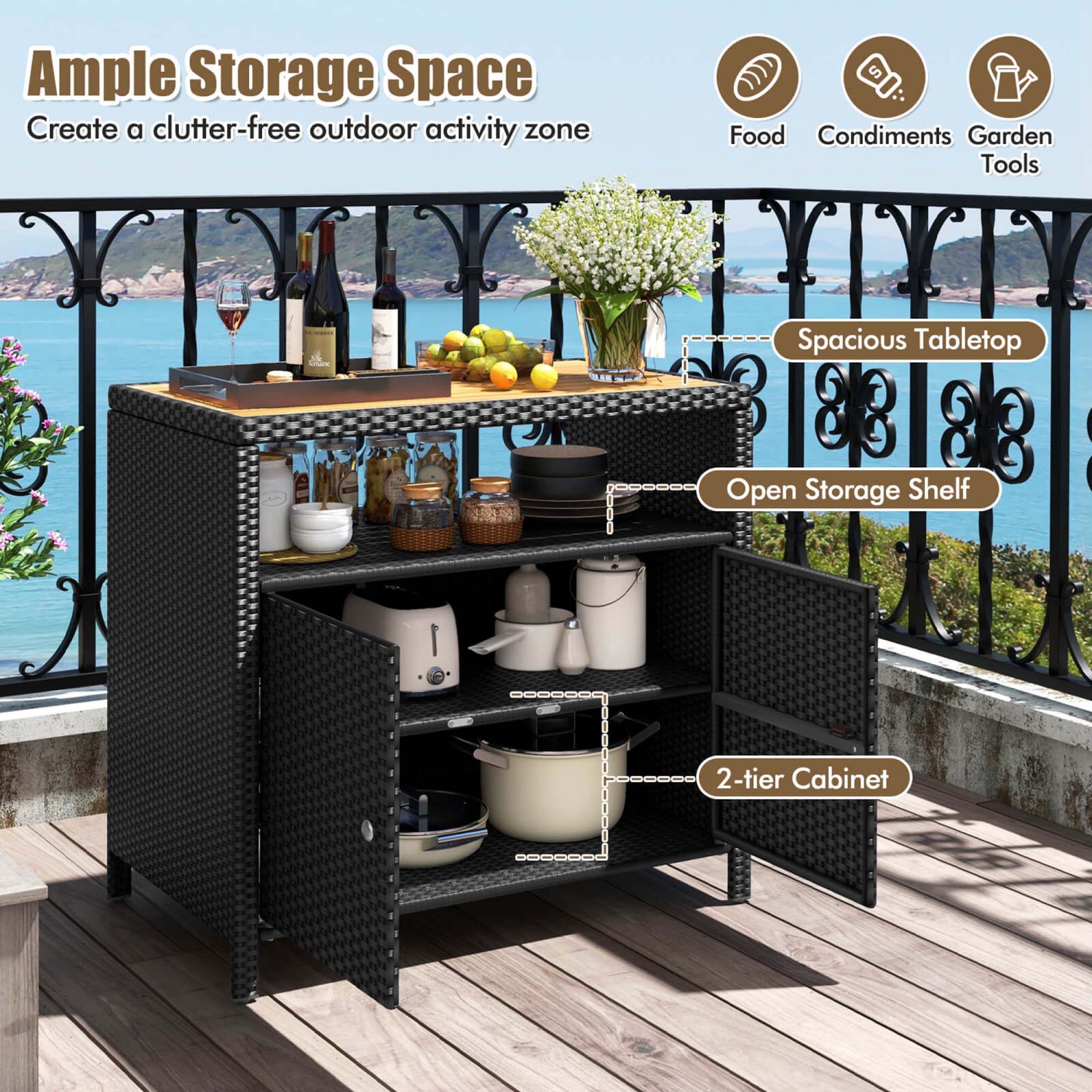Costway Patio Rattan Storage Cabinet with Acacia Wood Countertop Open Shelf 2 Door Cabinet