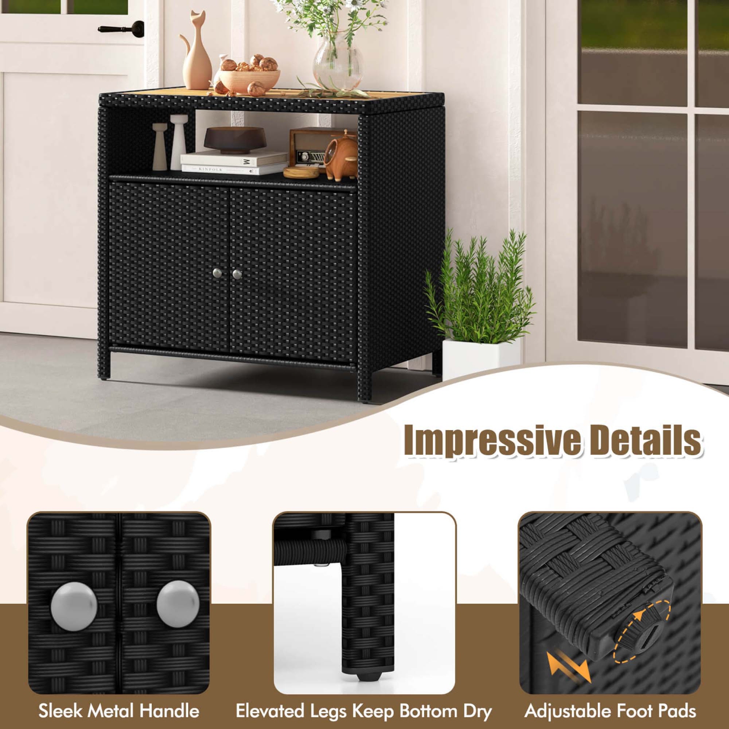 Costway Patio Rattan Storage Cabinet with Acacia Wood Countertop Open Shelf 2 Door Cabinet