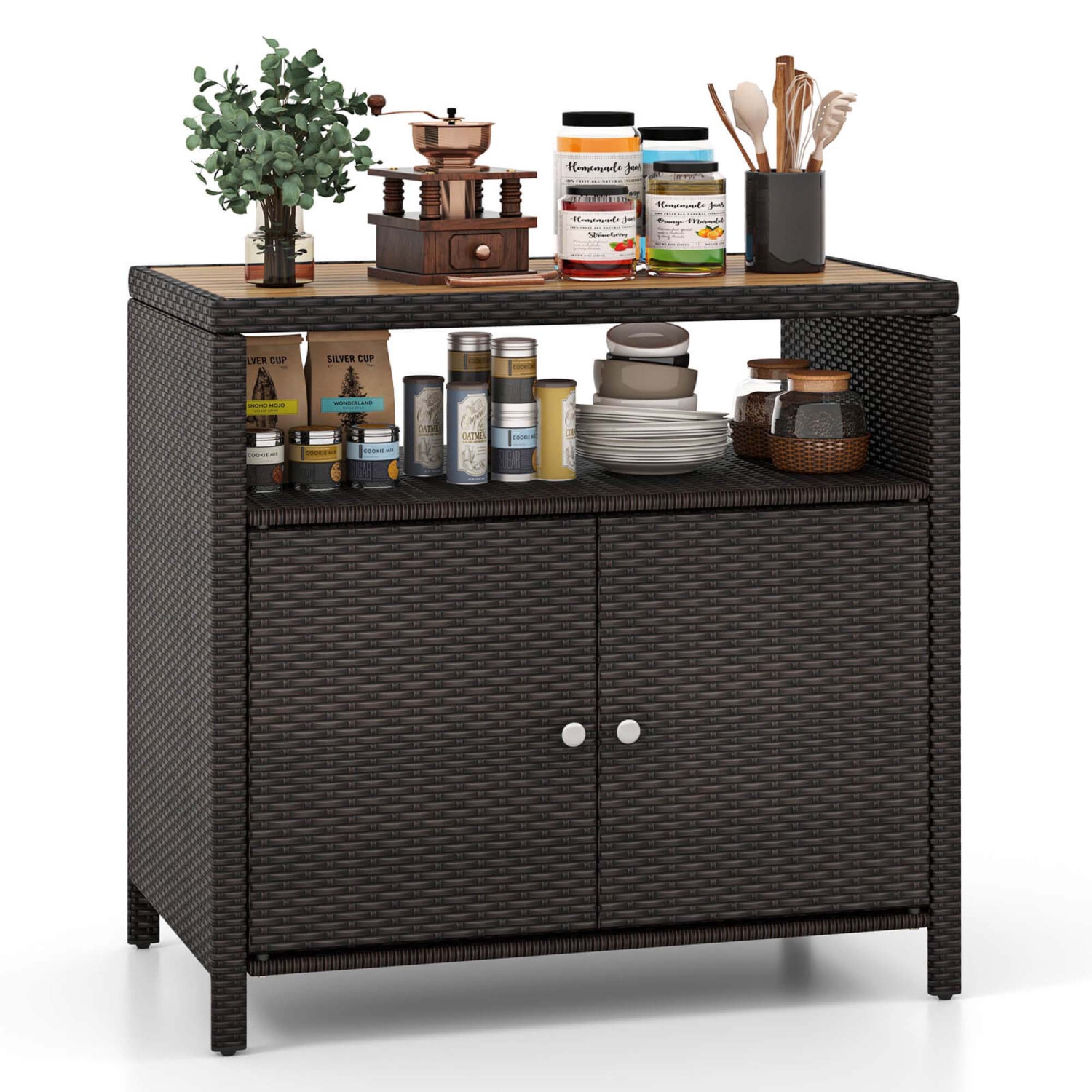 Costway Patio Rattan Storage Cabinet with Acacia Wood Countertop Open Shelf 2 Door Cabinet