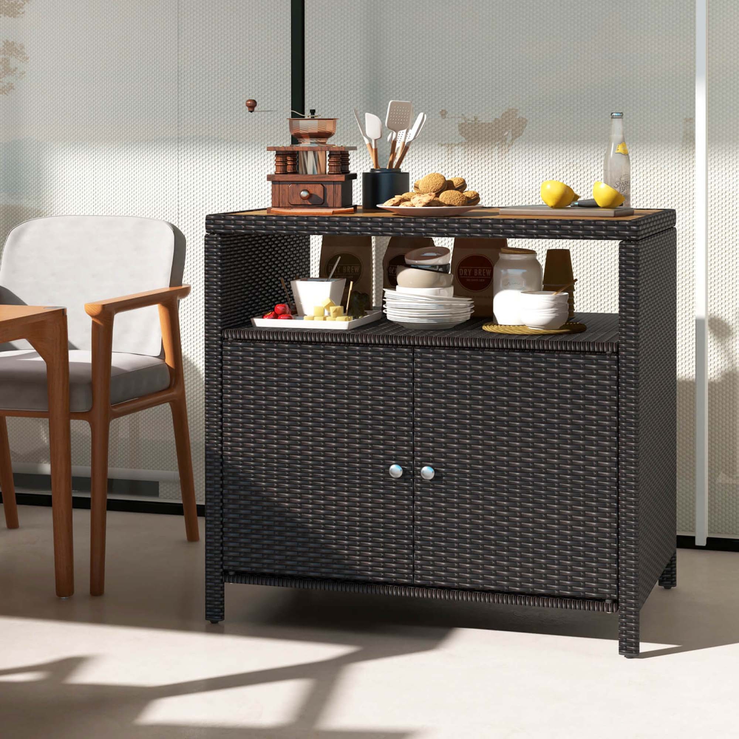 Costway Patio Rattan Storage Cabinet with Acacia Wood Countertop Open Shelf 2 Door Cabinet