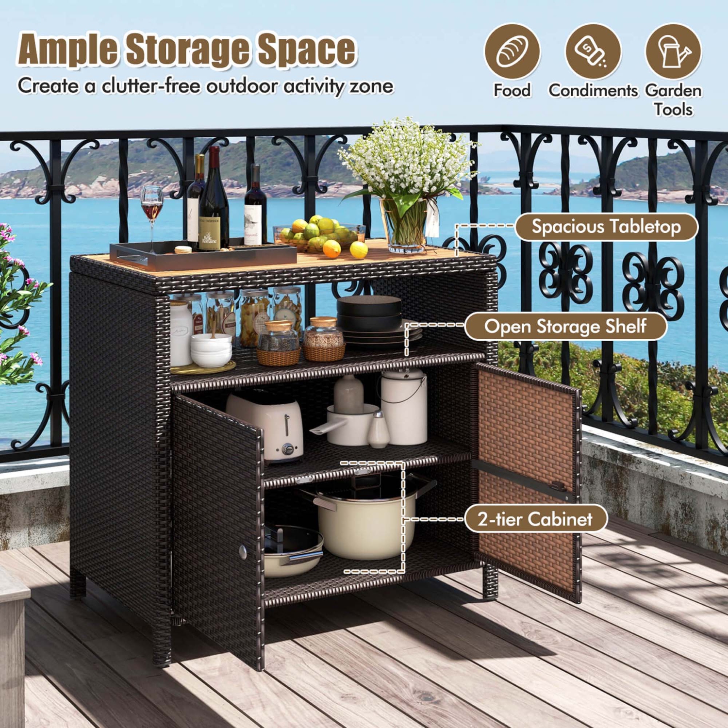 Costway Patio Rattan Storage Cabinet with Acacia Wood Countertop Open Shelf 2 Door Cabinet
