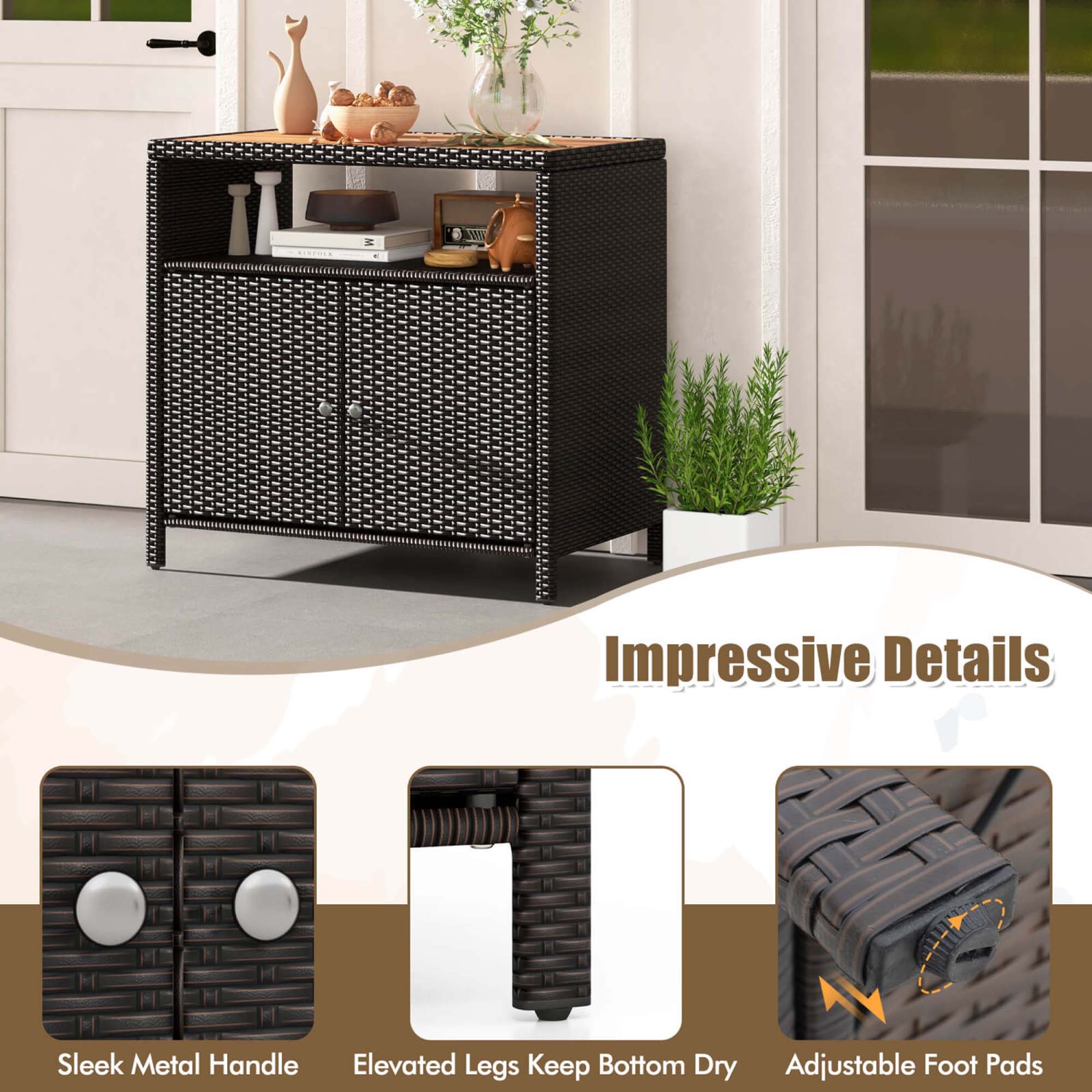 Costway Patio Rattan Storage Cabinet with Acacia Wood Countertop Open Shelf 2 Door Cabinet
