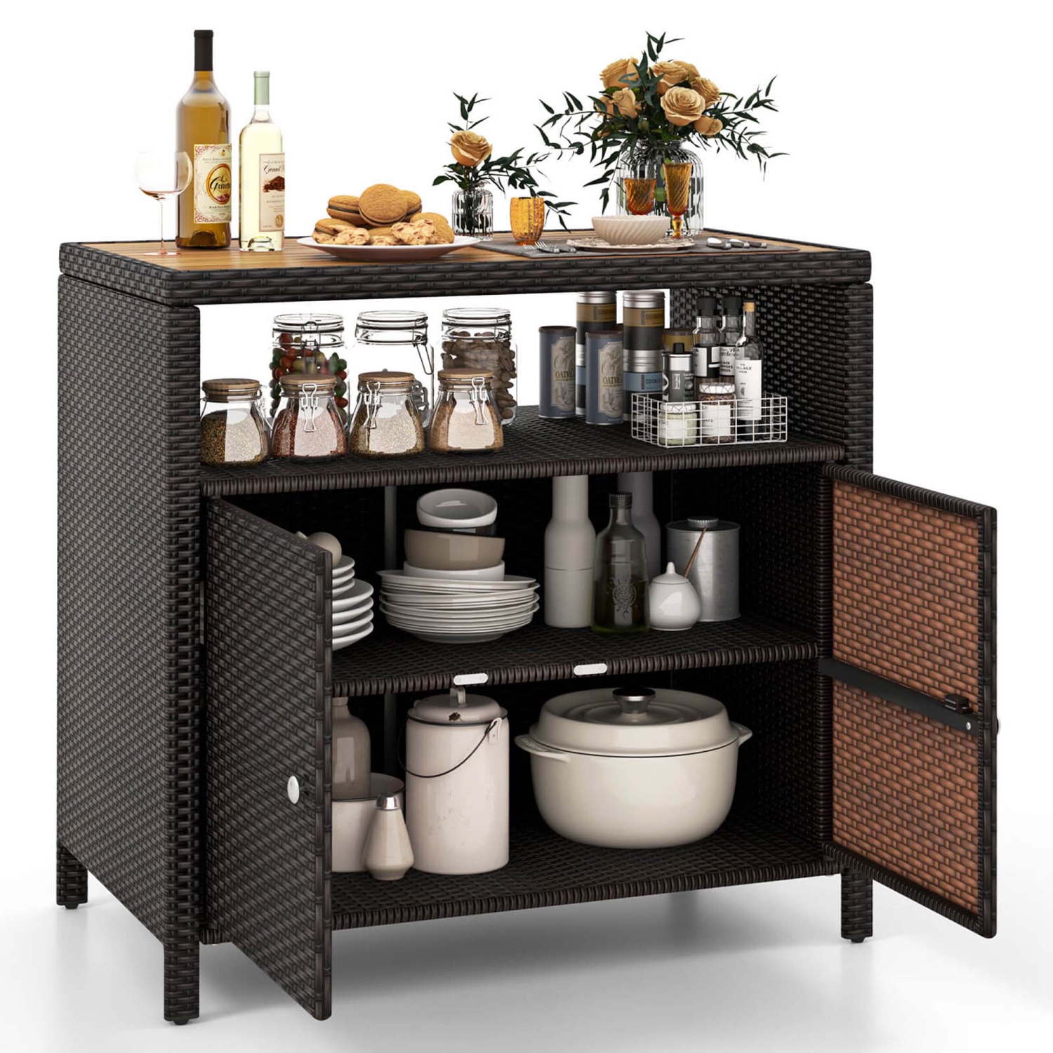 Costway Patio Rattan Storage Cabinet with Acacia Wood Countertop Open Shelf 2 Door Cabinet