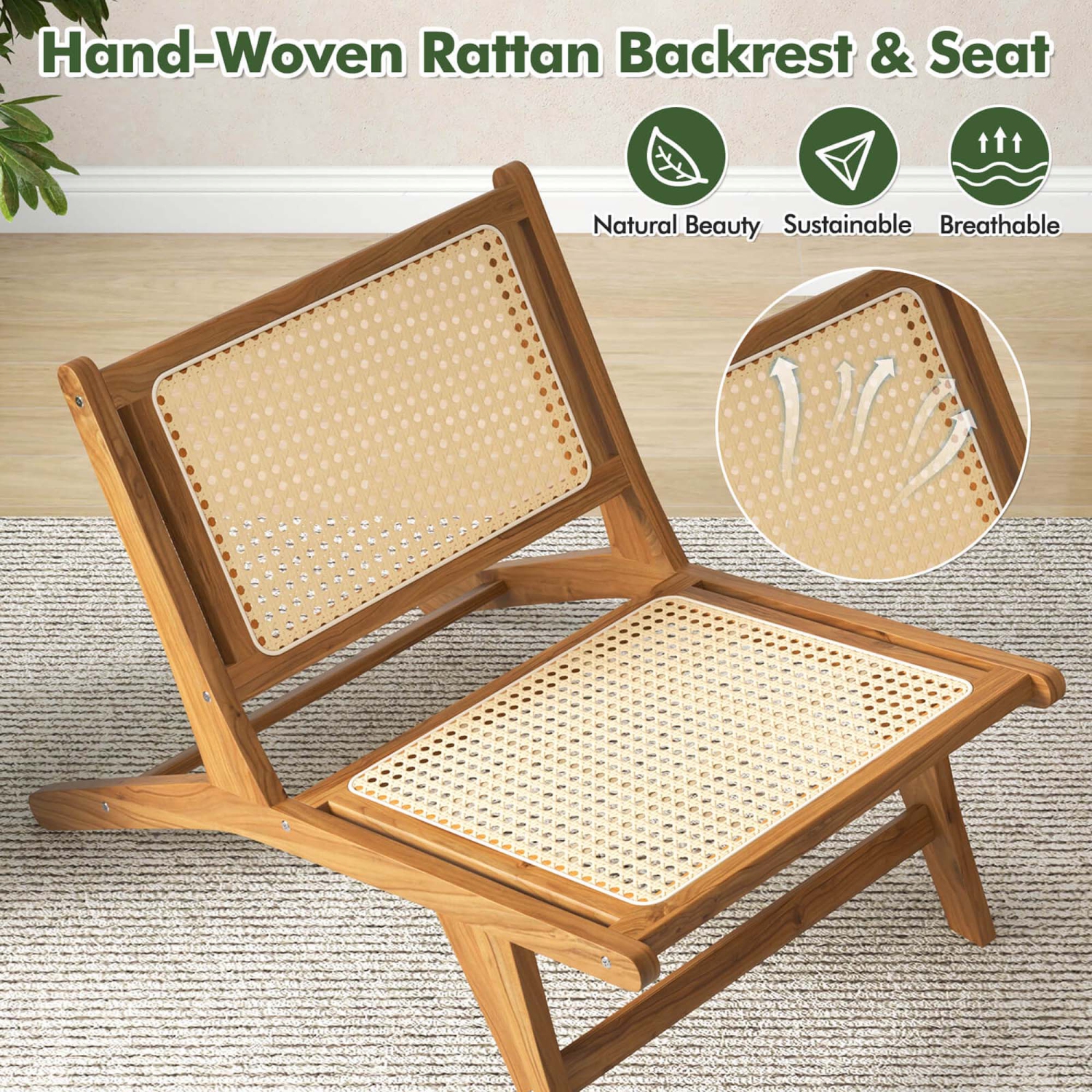 Costway Mid Century Modern Teak Wooden Chair with Handwoven Rattan Seat & Backrest