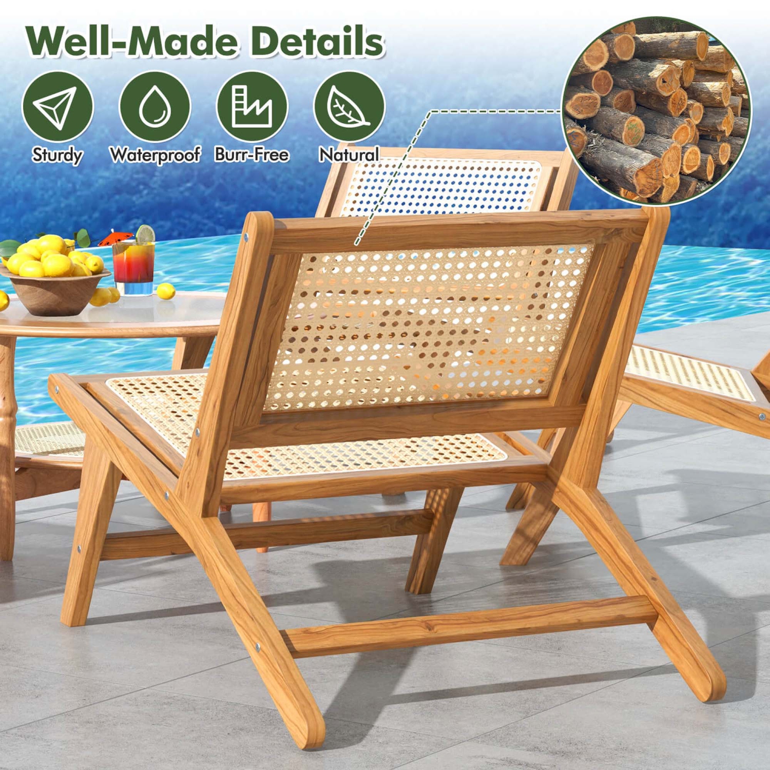 Costway Mid Century Modern Teak Wooden Chair with Handwoven Rattan Seat & Backrest