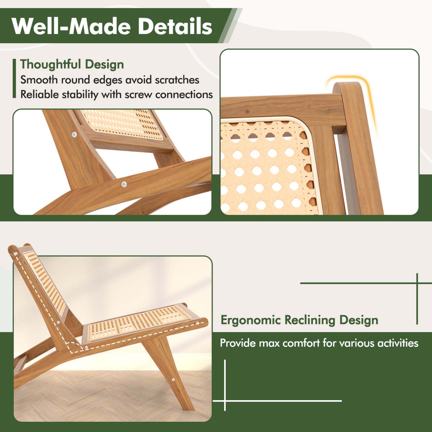 Costway Mid Century Modern Teak Wooden Chair with Handwoven Rattan Seat & Backrest