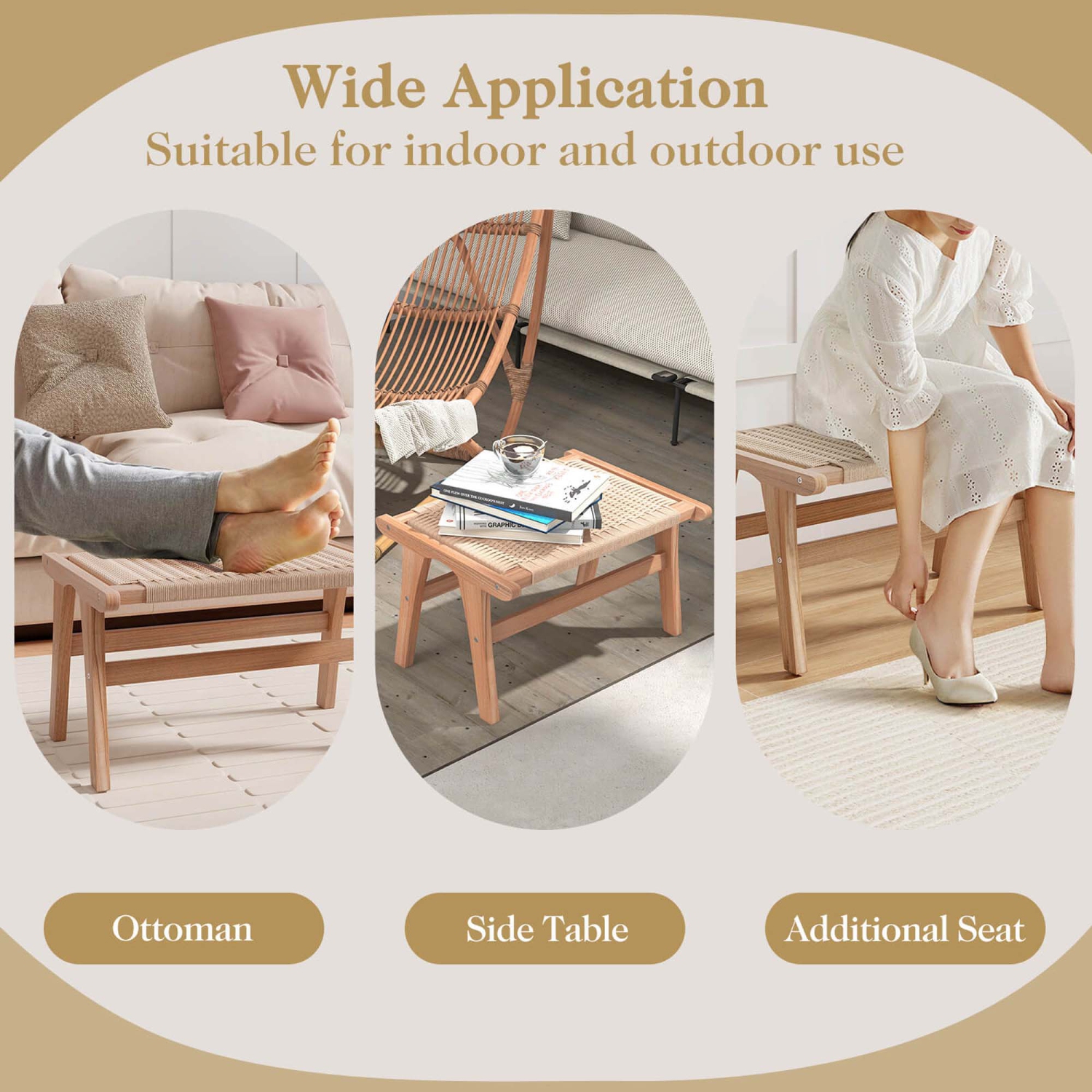 Tabouret en teck avec corde tressée pour bureau de chambre à coucher de Costway