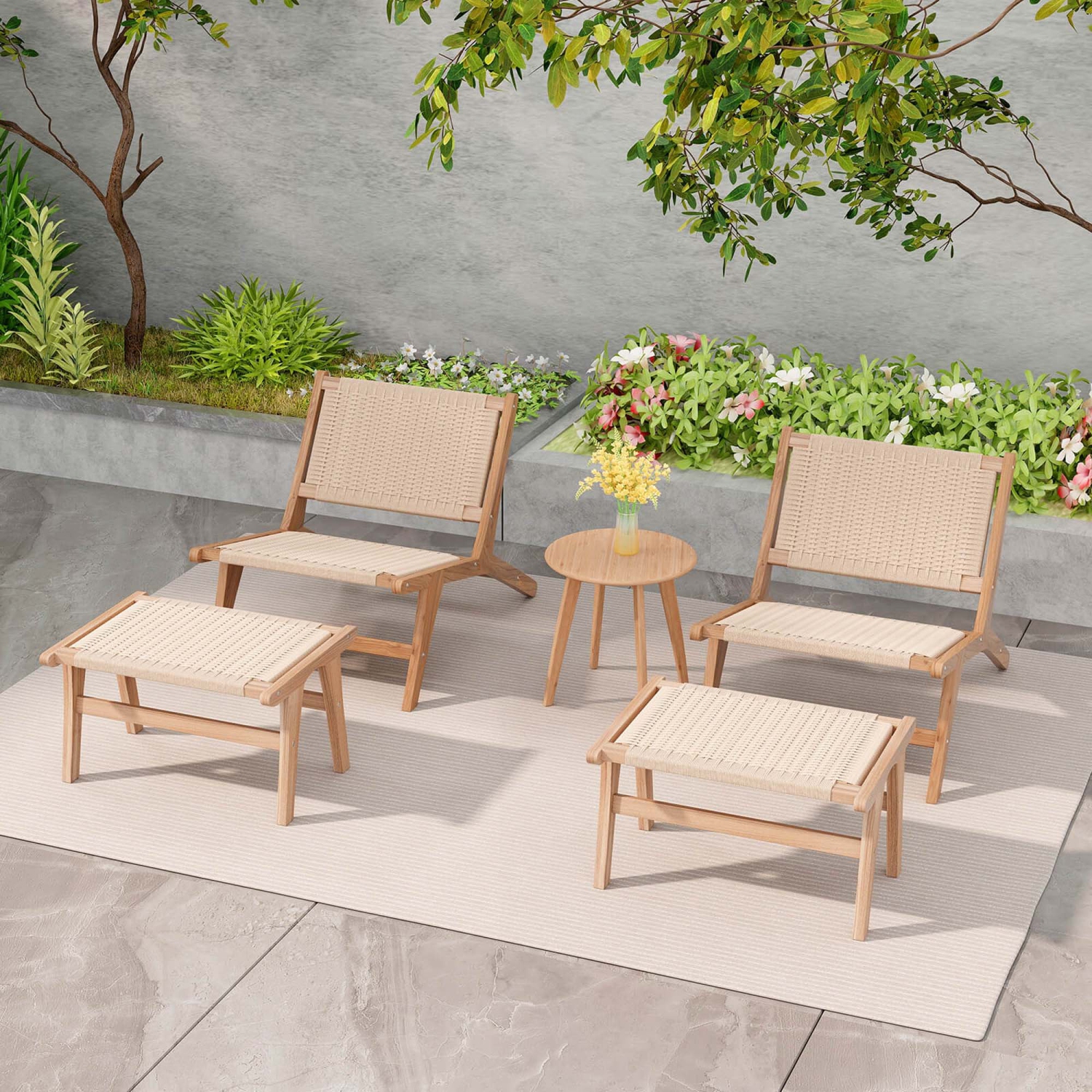 Tabouret en teck avec corde tressée pour bureau de chambre à coucher de Costway