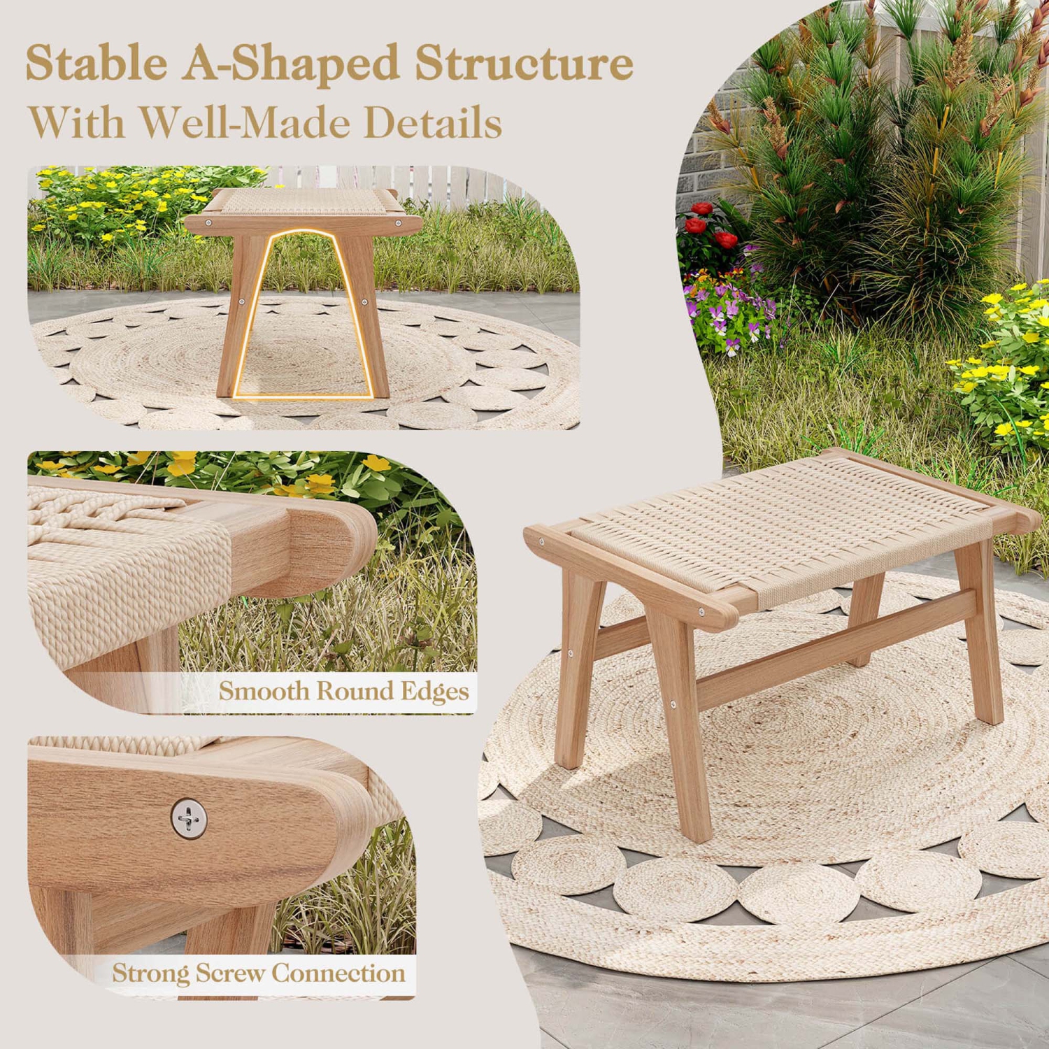 Tabouret en teck avec corde tressée pour bureau de chambre à coucher de Costway