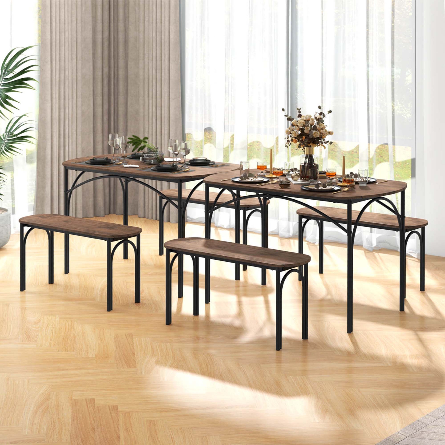 Costway 3 PCS 48" Dining Table Set for 4Rectangular Table & 2 Benches with Metal Frame