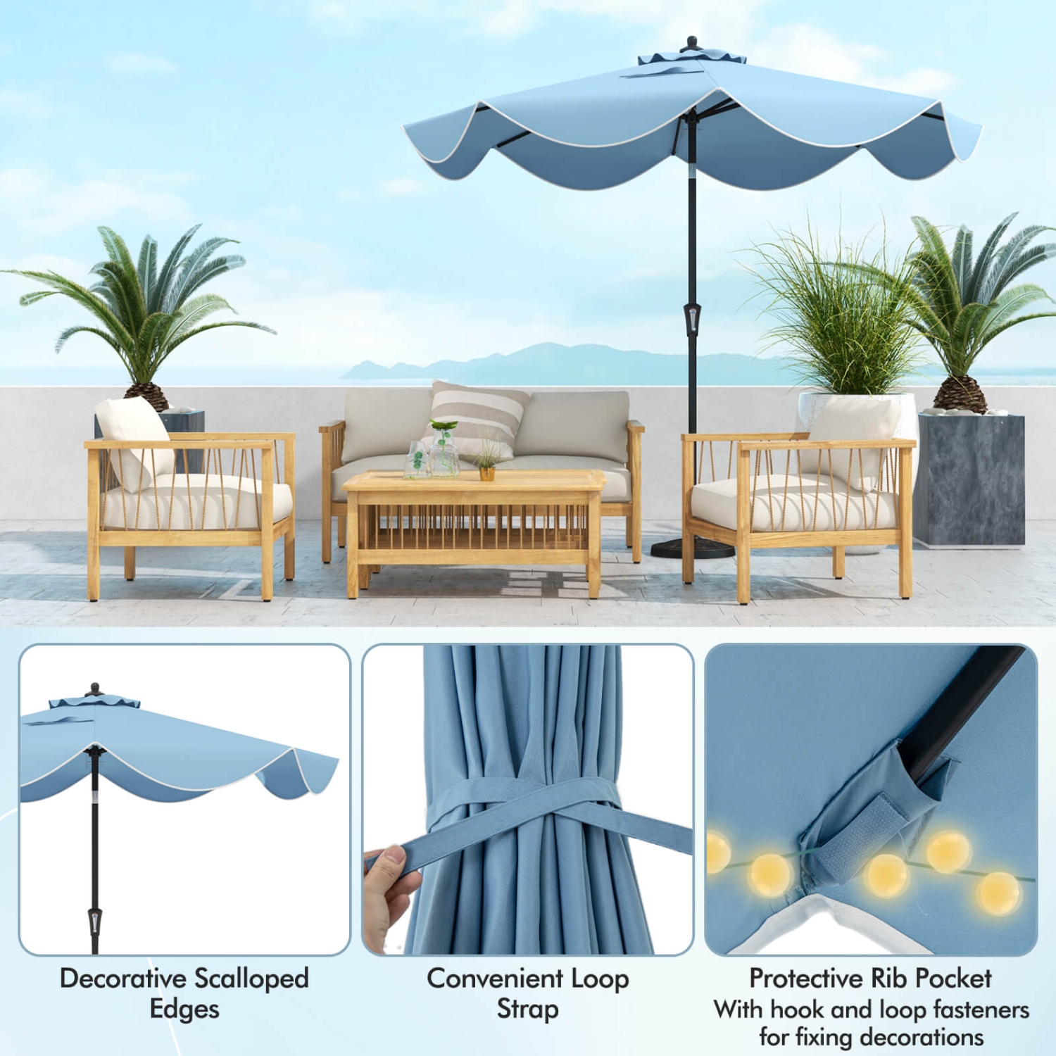 Costway 9 FT Patio Umbrella 2-Tier Market Table Umbrella with Crank Handle & 8 Ribs