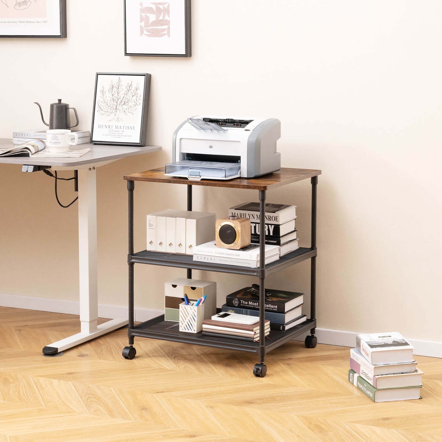 Costway 3-Tier Printer Stand Rolling Fax Cart with Adjustable Shelf & Swivel Wheel