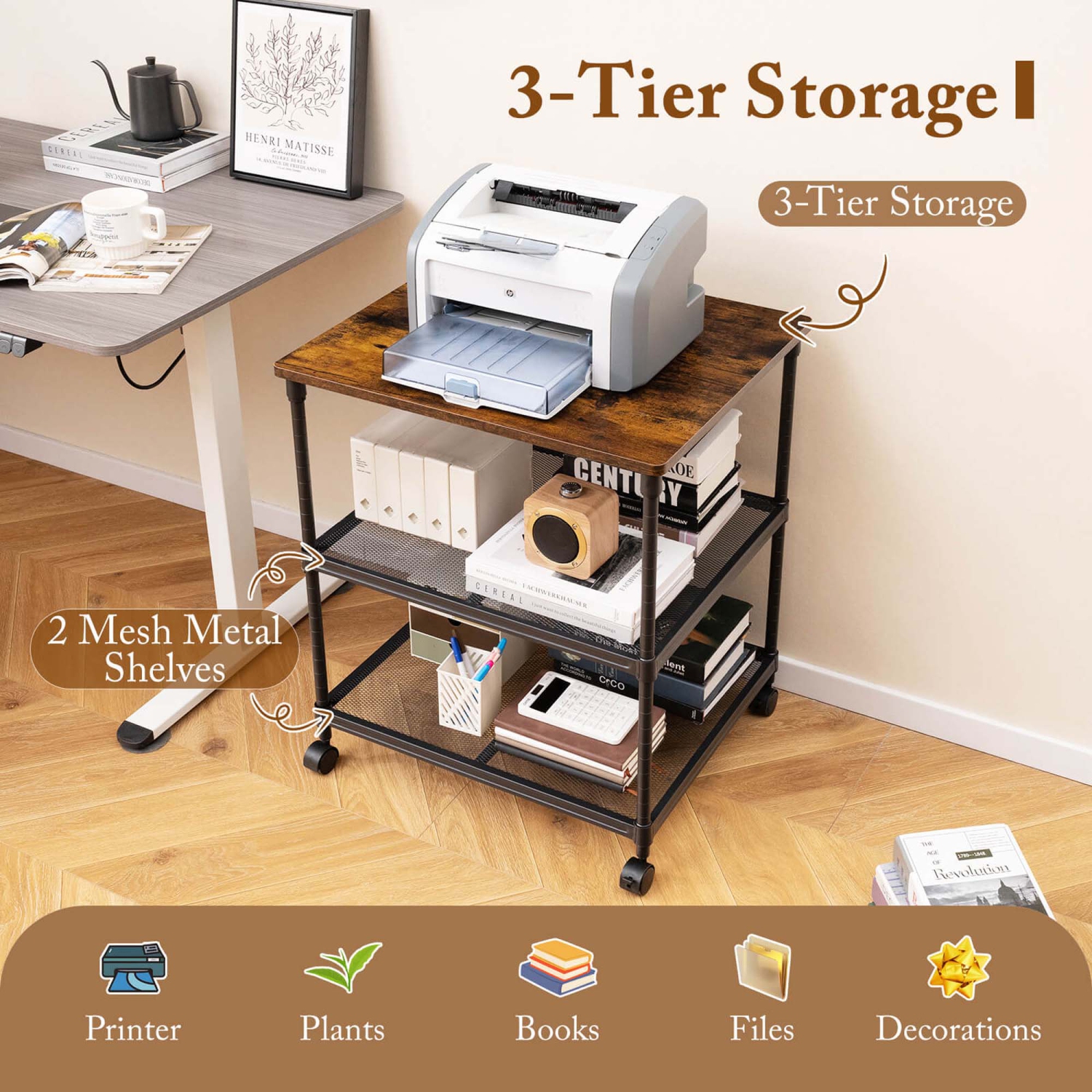 Costway 3-Tier Printer Stand Rolling Fax Cart with Adjustable Shelf & Swivel Wheel