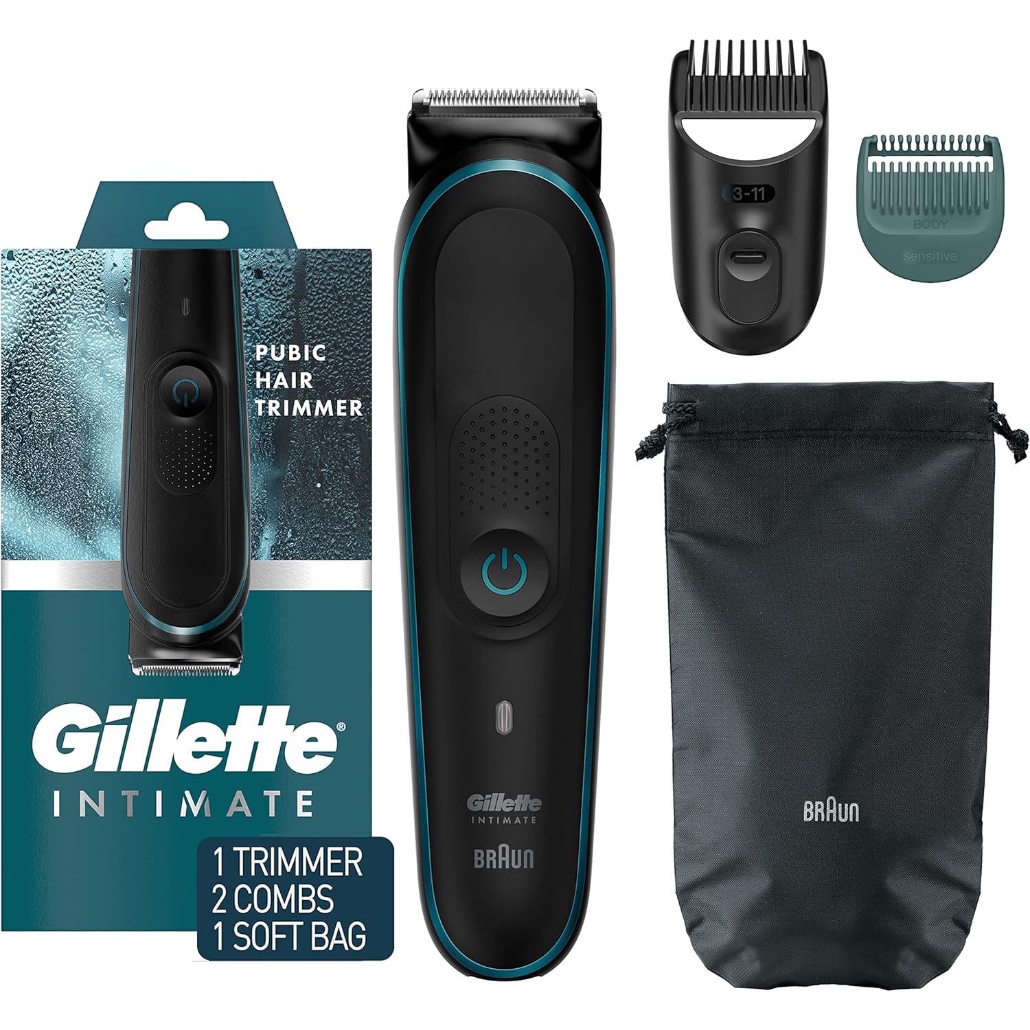 Gillette Intimate Men's Pubic Trimmer, 100% Waterproof for Wet & Dry Use with German-engineered Lifetime Sharp Blades, 100-minute Runtime from a
