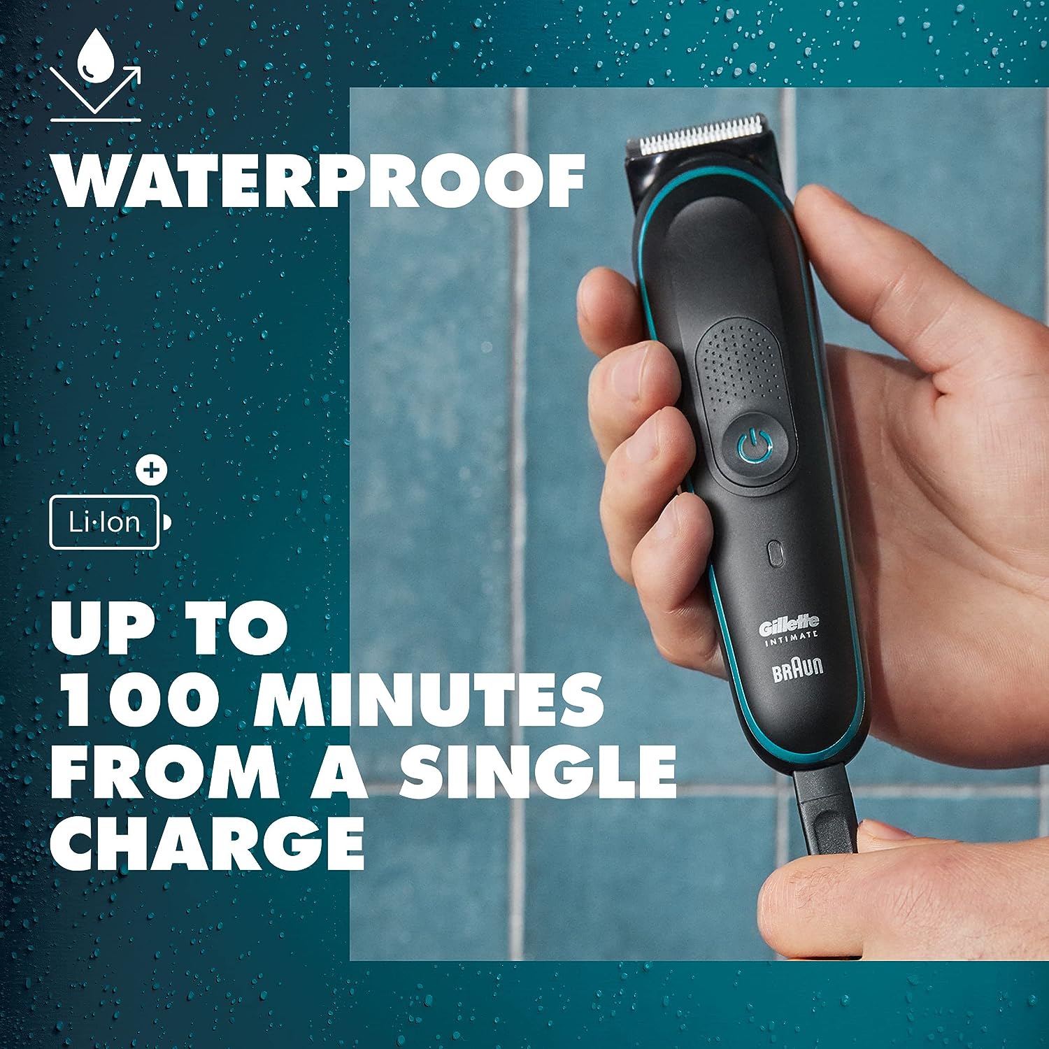 Gillette Intimate Men's Pubic Trimmer, 100% Waterproof for Wet & Dry Use with German-engineered Lifetime Sharp Blades, 100-minute Runtime from a