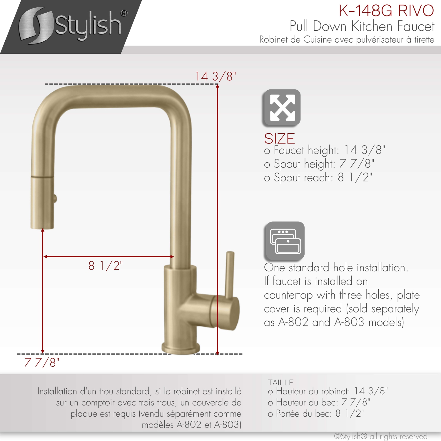 Stylish Single Handle Pull Down Kitchen Faucet with Water Tap in Gold K148GK147G
