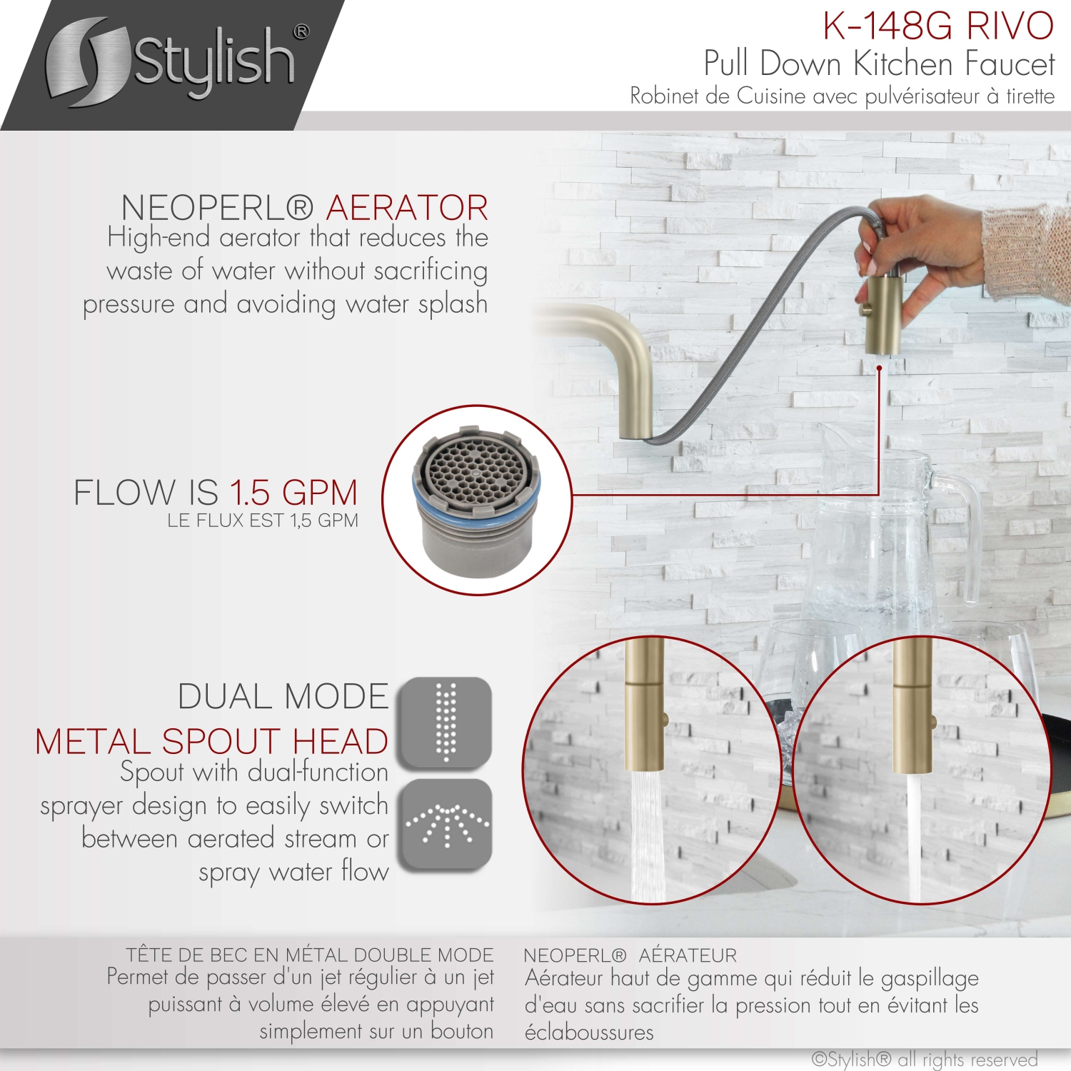 Stylish Single Handle Pull Down Kitchen Faucet with Water Tap in Gold K148GK147G