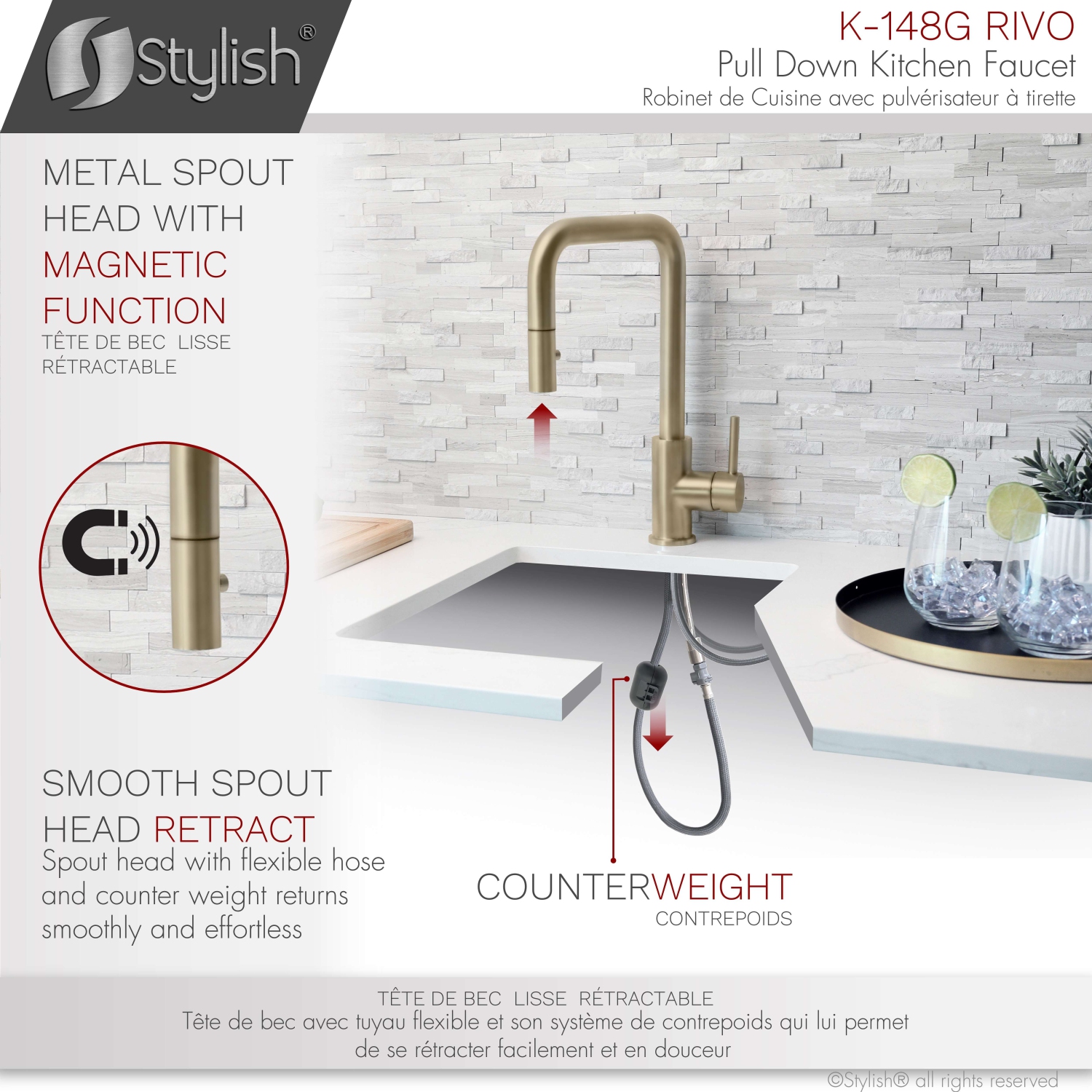 Stylish Single Handle Pull Down Kitchen Faucet with Water Tap in Gold K148GK147G