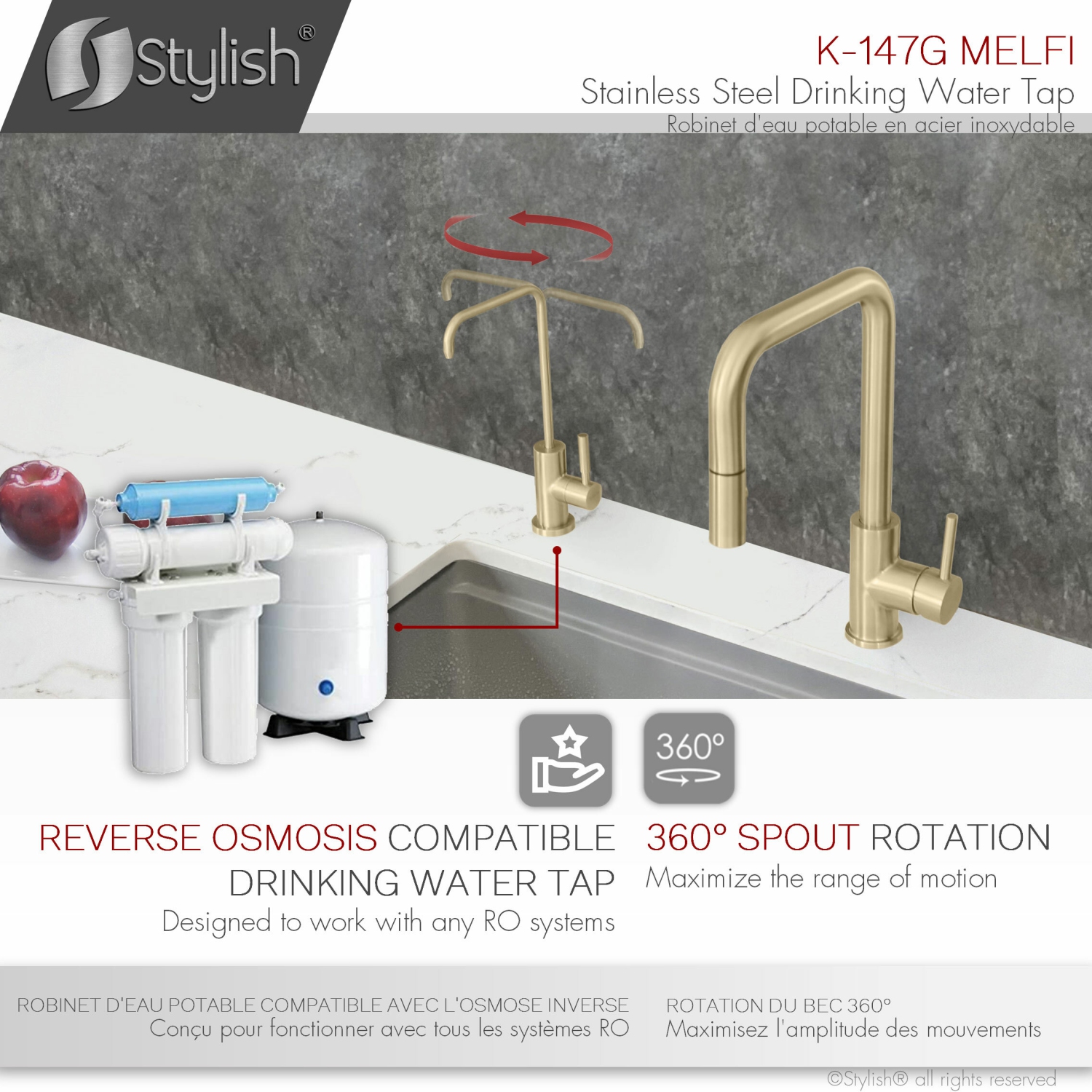 Stylish Single Handle Pull Down Kitchen Faucet with Water Tap in Gold K148GK147G