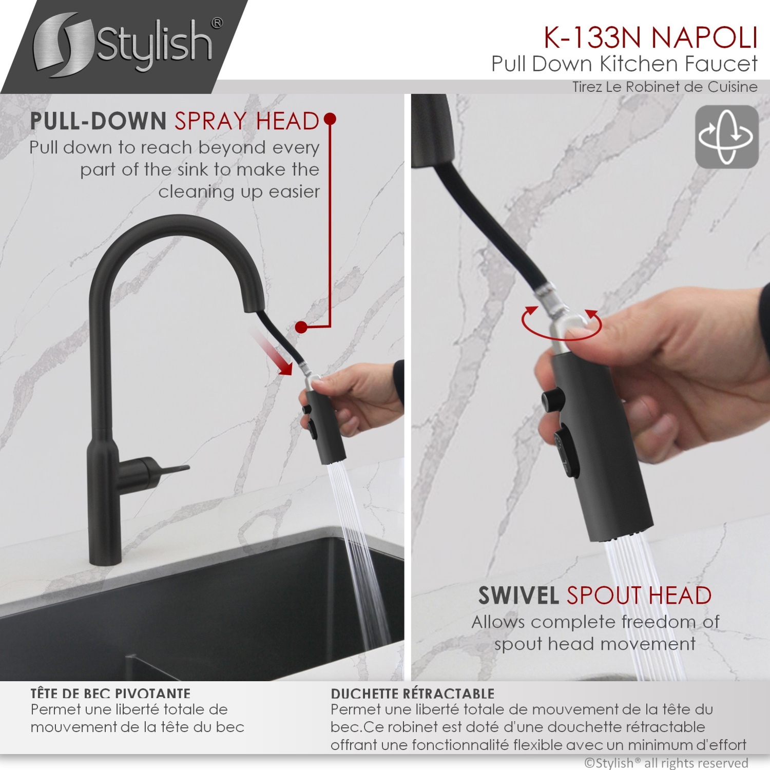 Stylish Single Handle Pull Down Kitchen Faucet with Water Tap and Faucet Plate in Matte Black K133NK142NA802N