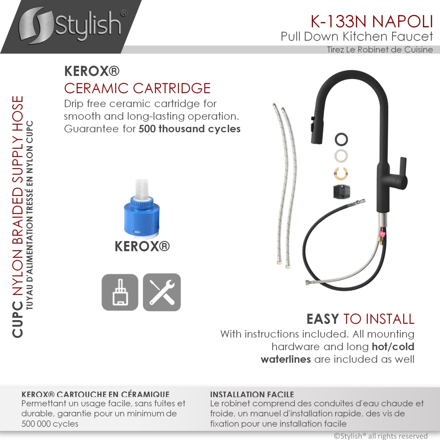 Stylish Single Handle Pull Down Kitchen Faucet with Water Tap and Faucet Plate in Matte Black K133NK142NA802N