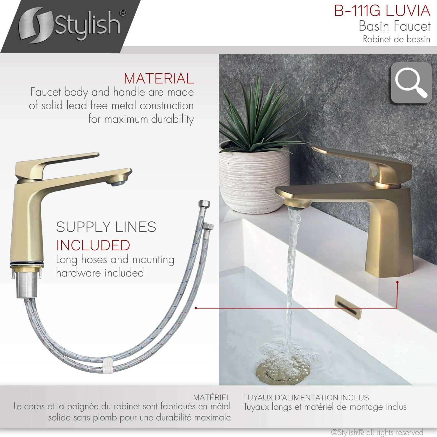 Stylish Single Handle Bathroom Faucet with Pop-up Bathroom Sink with Overflow in Brushed Gold B111GD700G