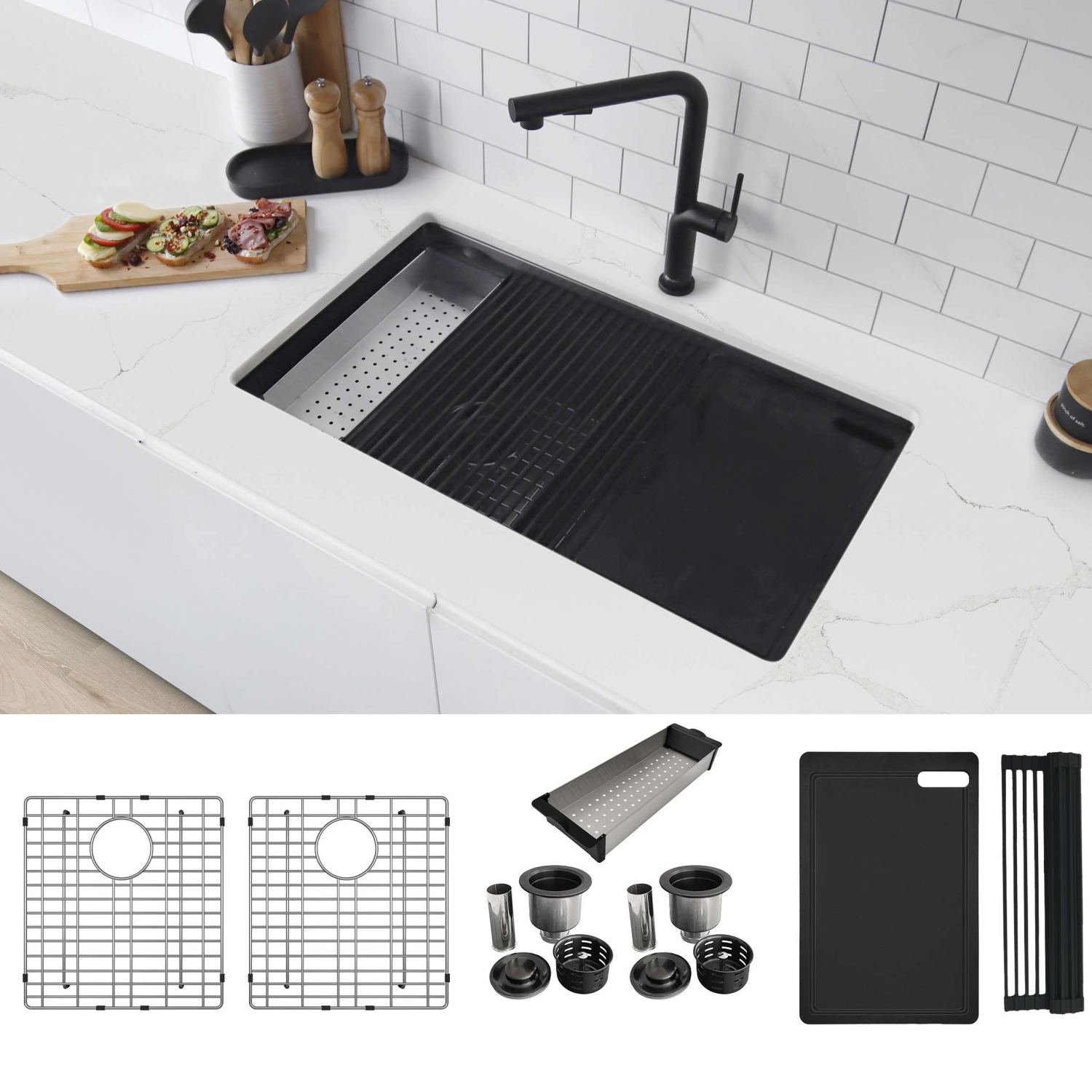 Stylish Undermount 32" Graphite Black 16-Gauge Double-Bowl Kitchen Sink Built-in Accessories S-601WNK