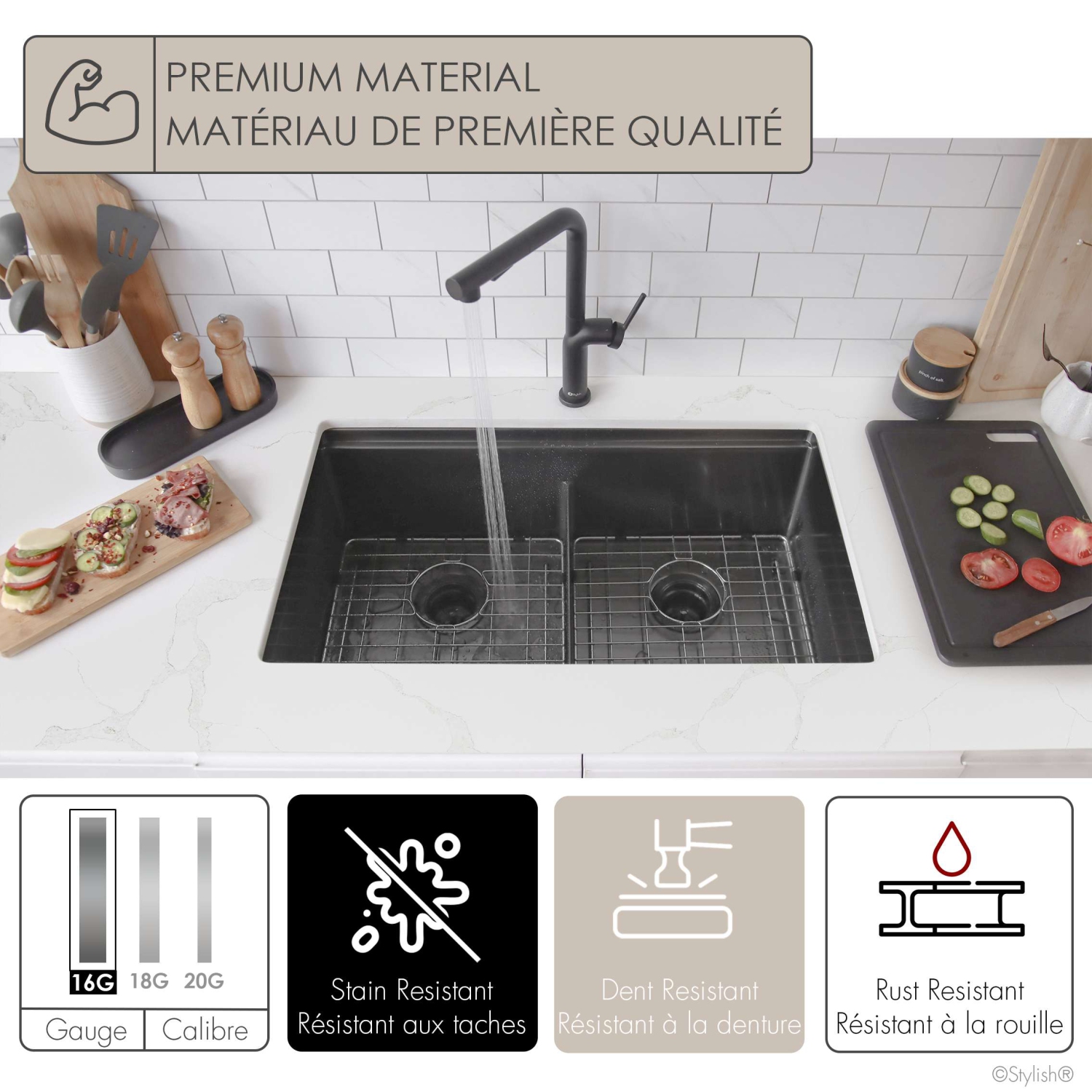 Stylish Undermount 32" Graphite Black 16-Gauge Double-Bowl Kitchen Sink Built-in Accessories S-601WNK