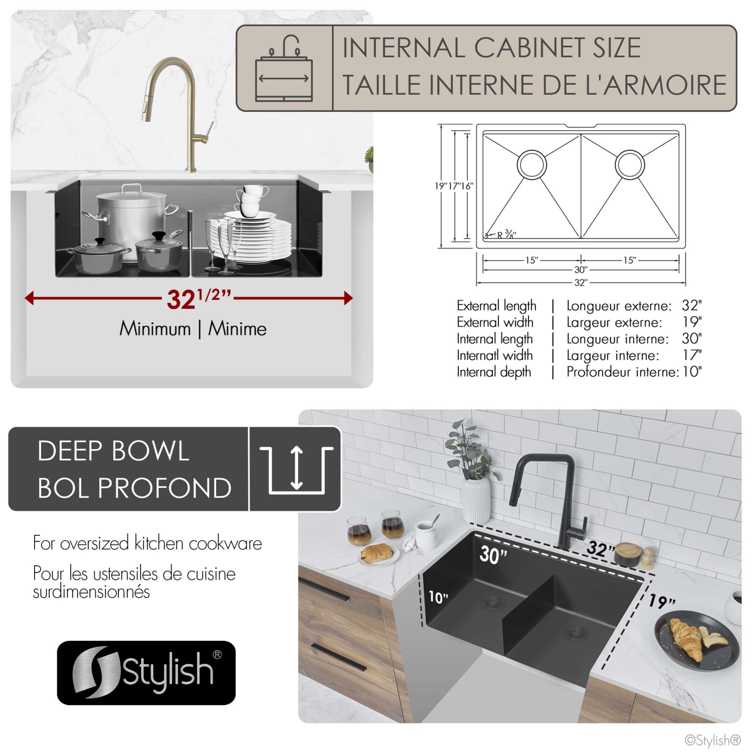 Stylish Undermount 32" Graphite Black 16-Gauge Double-Bowl Kitchen Sink Built-in Accessories S-601WNK