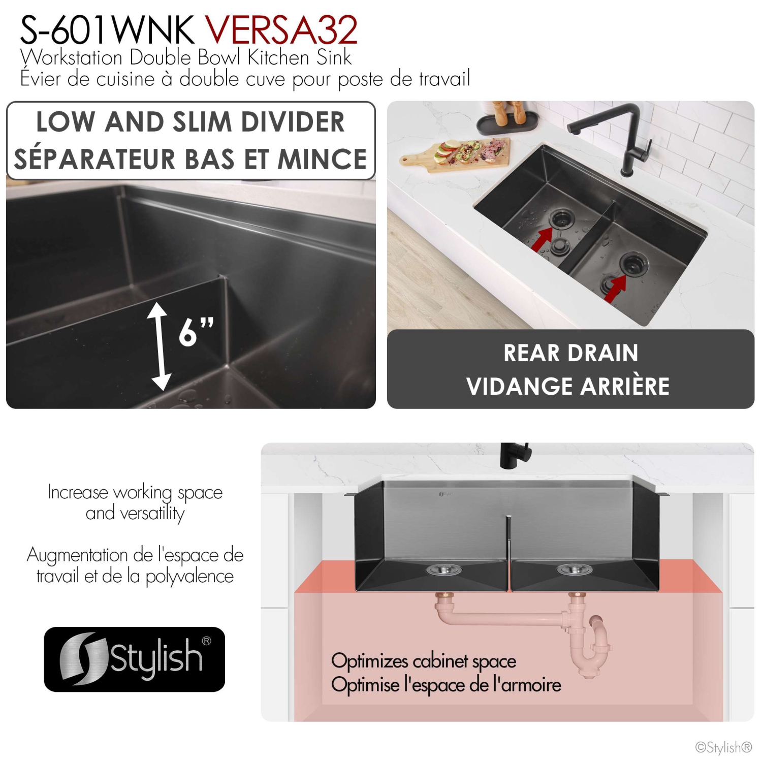 Stylish Undermount 32" Graphite Black 16-Gauge Double-Bowl Kitchen Sink Built-in Accessories S-601WNK